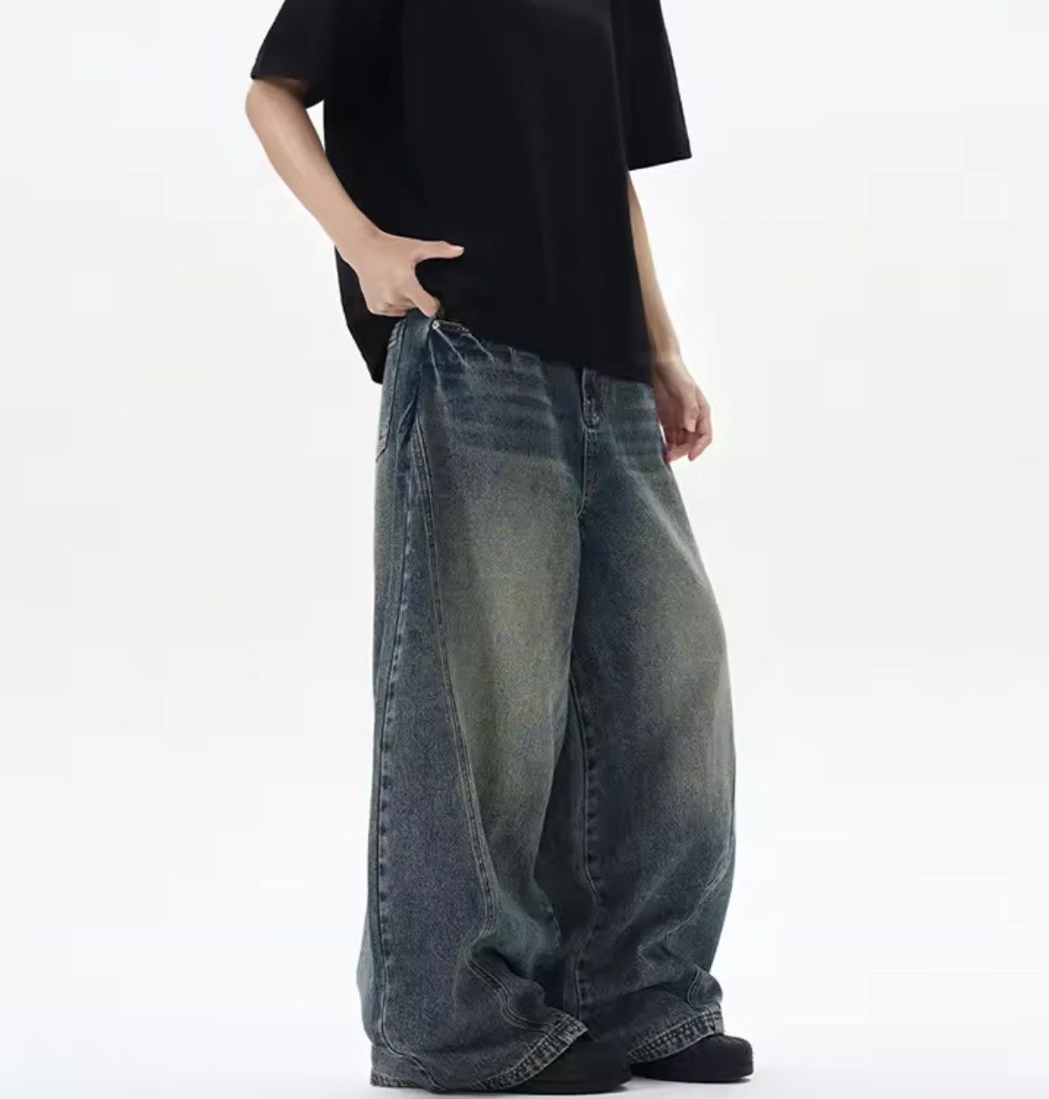 Japanese Brand Street Wash Distressed Men's Wide Leg Jeans Size US 29 - 9 Thumbnail