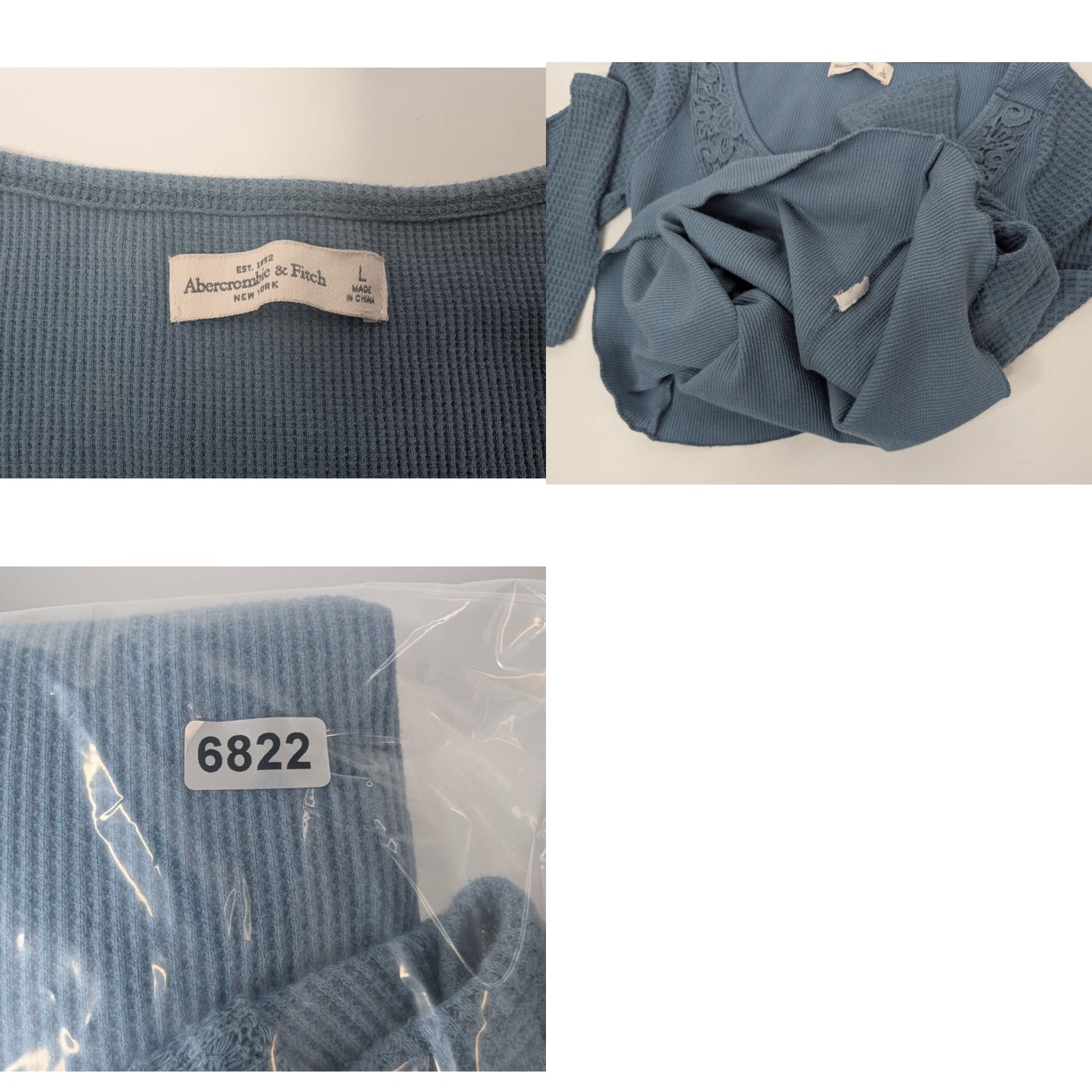 Abercrombie & Fitch Abercrombie & Fitch Ribbed Thermal Lace Neckline Long Sleeve Shirt L Blue Womens Shirt Size L / US 10 / IT 46 - 8 Thumbnail