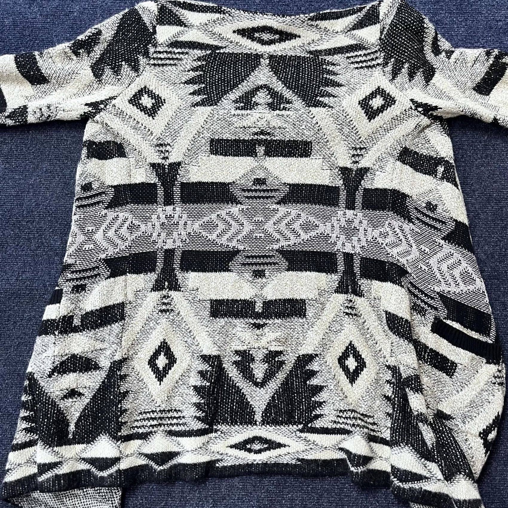 Lucky Brand Lucky Brand Sweater Cardigan Womens Medium Black White Aztec Knit Open Front Geometric Patterned Crewneck Longline Casual Size M / US 6-8 / IT 42-44 - 3 Thumbnail