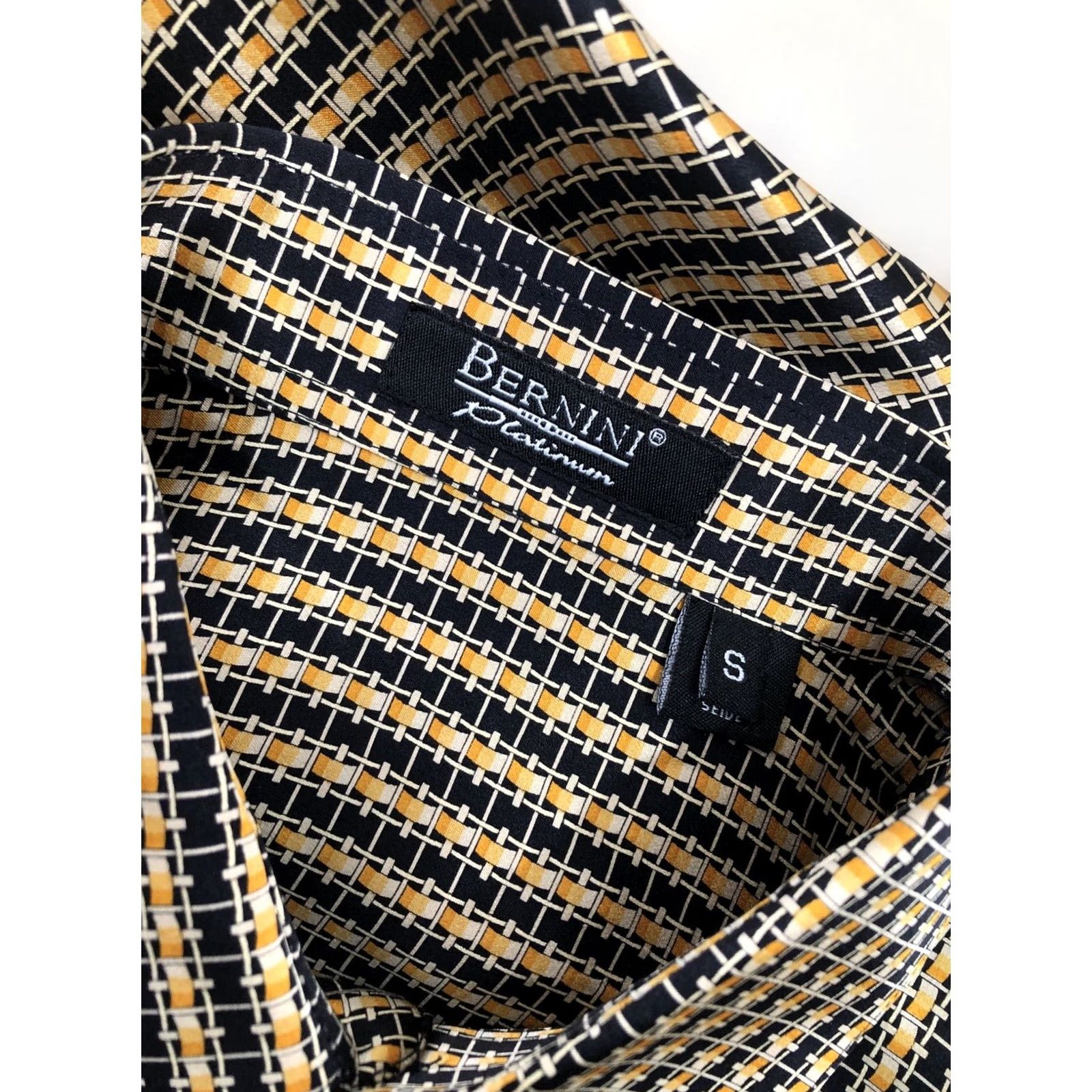 Vintage BERNINI PLATINUM Silk Geometric Stripe S Shirt Mens Long Sleeve Button-Up Black / Gold / Beige Size US S / EU 44-46 / 1 - 6 Thumbnail