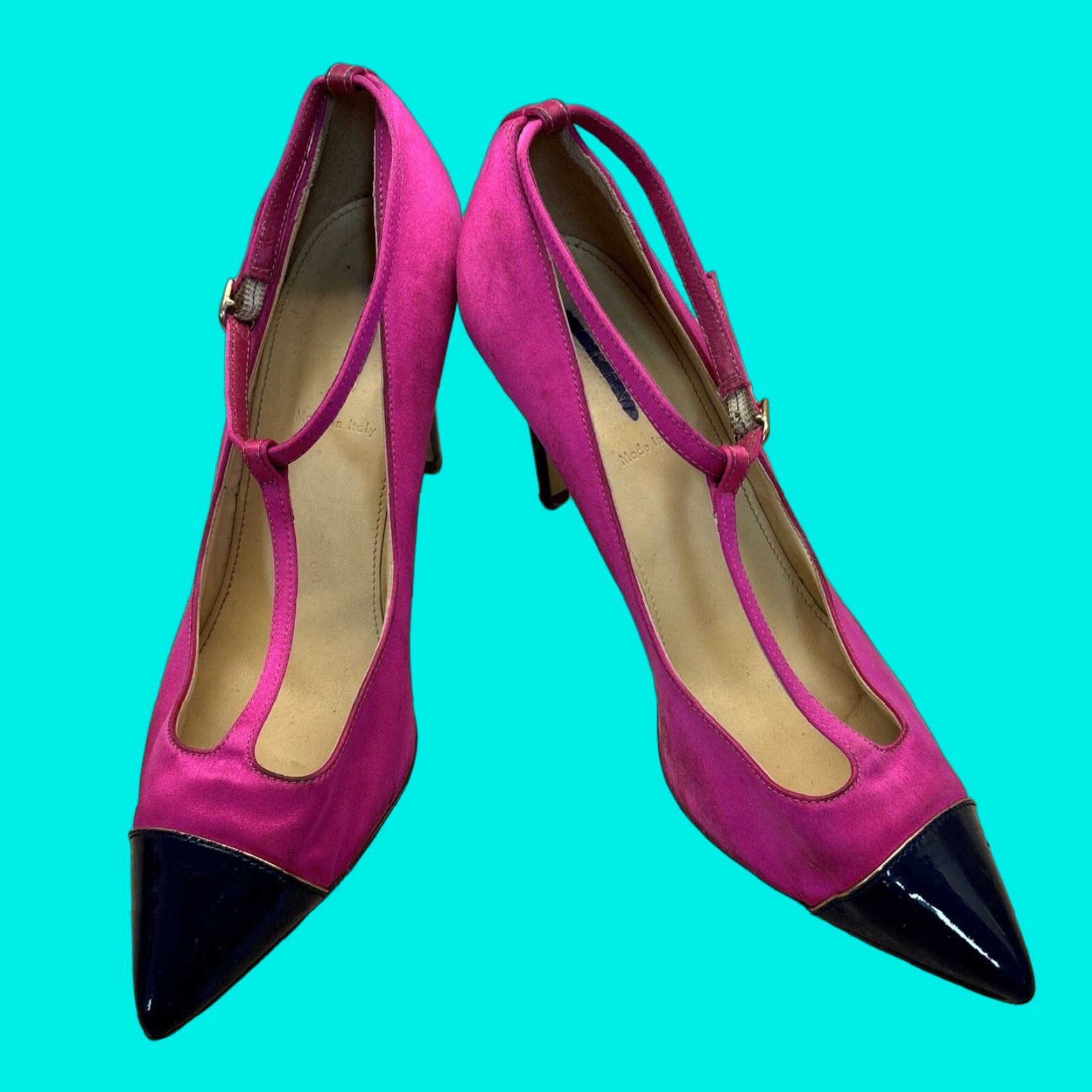 J Crew Women Pink Satin Heel Shoes Navy Blue Patent Leather Toe Heel Shoes T Strap 8.5