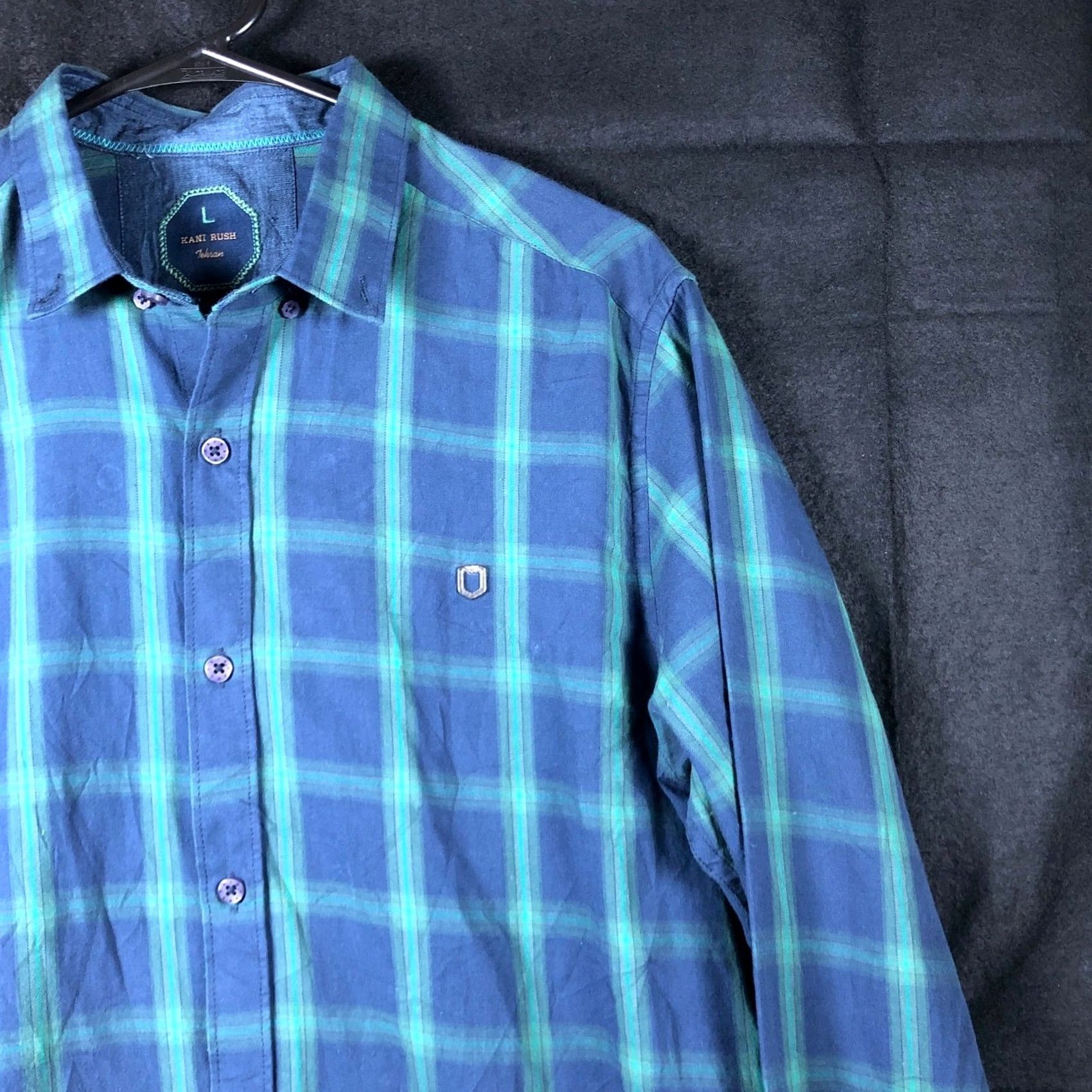 Vintage Kani Rush Mens Shirt Blue Green Plaid Button-Down 100% Cotton Long Sleeve Large L Regular Mens Size US L / EU 52-54 / 3 - 5 Thumbnail