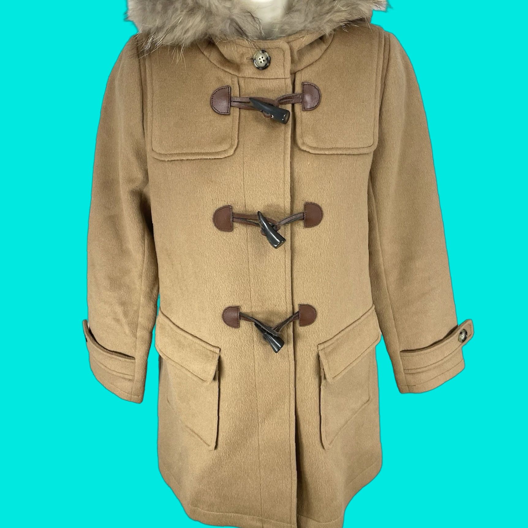 VINTAGE Raybeams Coat Wool Blend Fur Trim Hooded Toggle Closure Mid-Length Women Size 0 Brown Tas Classic Overcoat