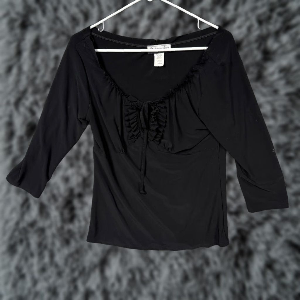 Vintage VINTAGE Stephen and Casey Womens S Black Ruffle Tie Front Stretch Balletcore Y2K USA Shirt Size S / US 4 / IT 40 - 1 Thumbnail