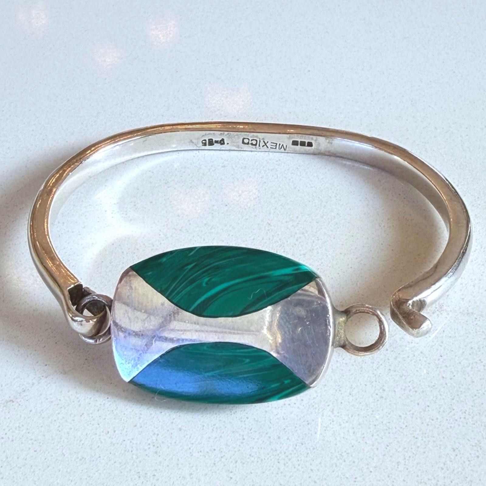 Other VTG TAXCO 925 Sterling Silver Malachite Hinged Bracelet Rare Size ONE SIZE - 2 Thumbnail