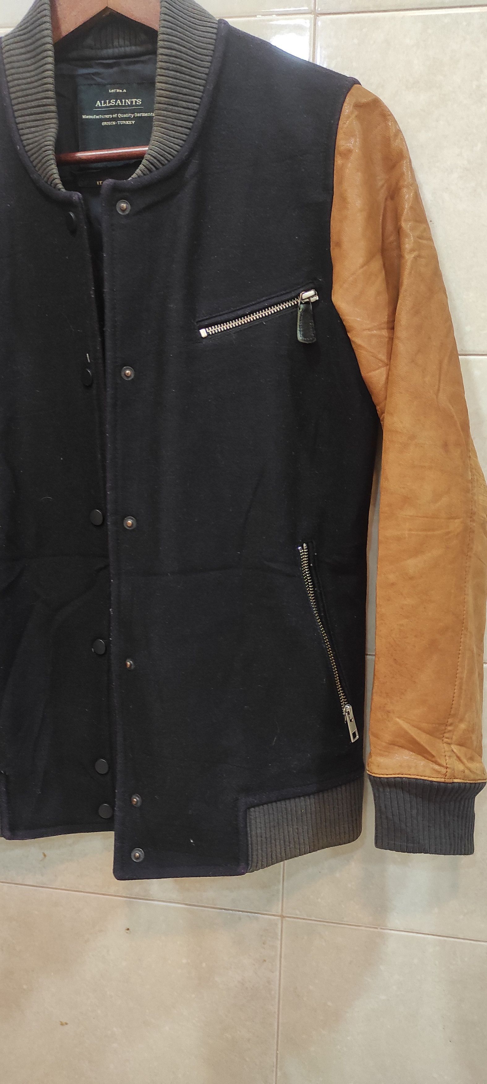 Allsaints All Saints Biwa Navy Tan Wool Leather Blend Bomber Jacket Size S / US 4 / IT 40 - 6 Thumbnail