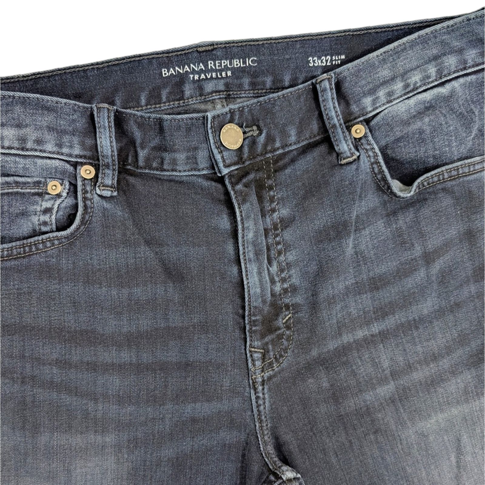 Banana Republic Banana Republic The Traveler Slim Jeans Men 33x32 Blue Denim Stretch Slim Straight 5-Pocket Logo Zipper Button Regular Rise Mid Vintage No Size US 33 - 1 Thumbnail
