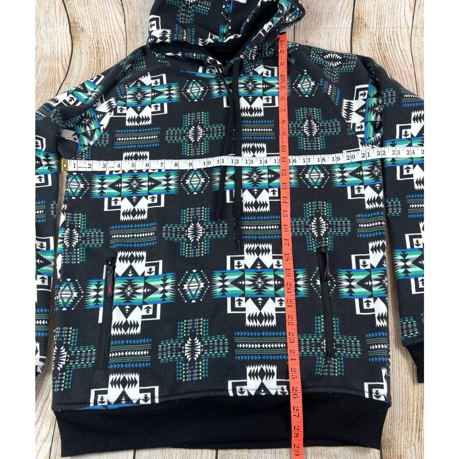Native VINTAGE Native Aztec Fleece Hoodie Sweatshirt Men M Black Green Hooded Graphic Print Pockets Pullover Size US M / EU 48-50 / 2 - 3 Thumbnail