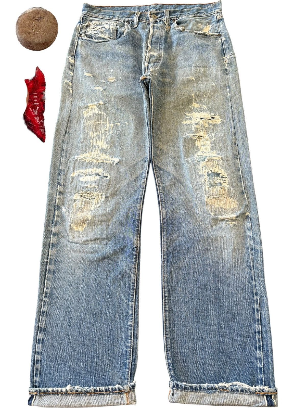 Levi's Vintage 70s Levis 501 Sashiko Distress Loose Selvedge Jeans Size US 32 / EU 48 - 1 Thumbnail