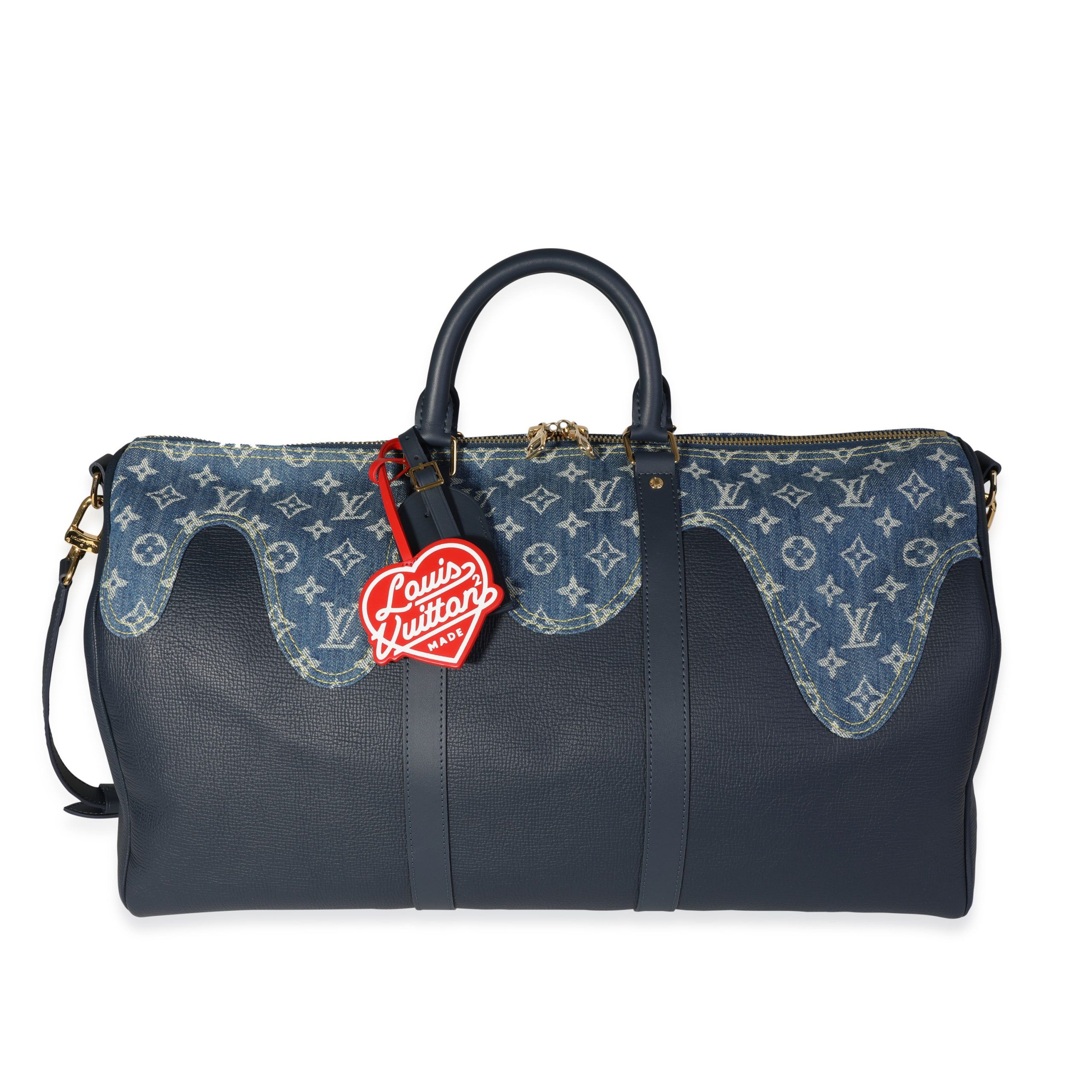 image of Louis Vuitton X Nigo Monogram Denim Drip & Taurillon Keepall Bandoulière 50 in Black, Women's