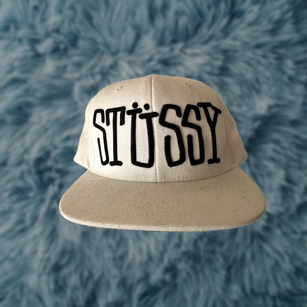 Logo 7 VINTAGE Stussy Logo Embroidered Big Logo Snapback Spellout White Black Hat Mens One Size White USA Hat Size ONE SIZE - 1 Thumbnail
