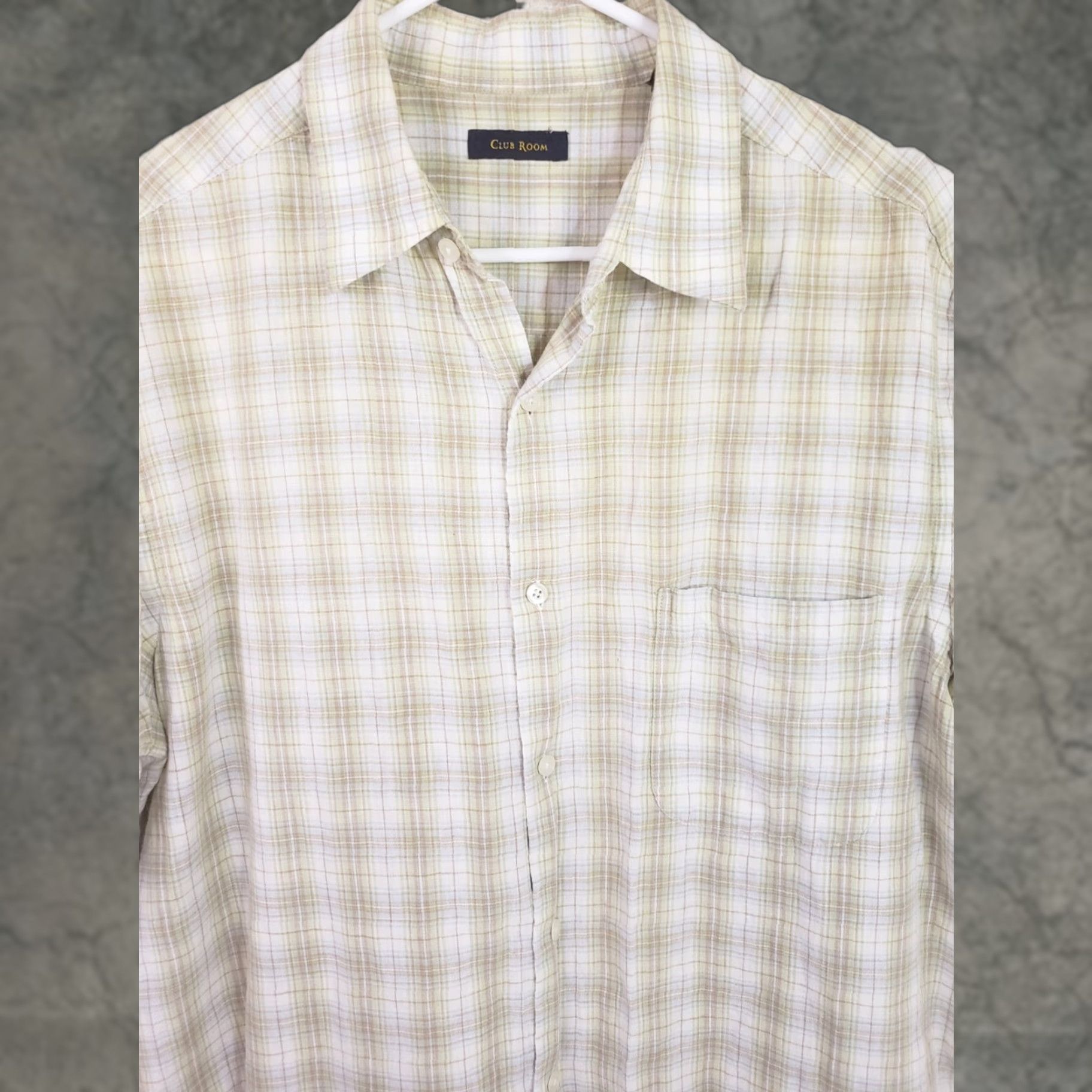 Club Room Club Room Shirt Mens L Green Beige White Short Sleeve Button Front Linen Blend Plaid Pocketed Casual Classic 90s Size US L / EU 52-54 / 3 - 1 Thumbnail
