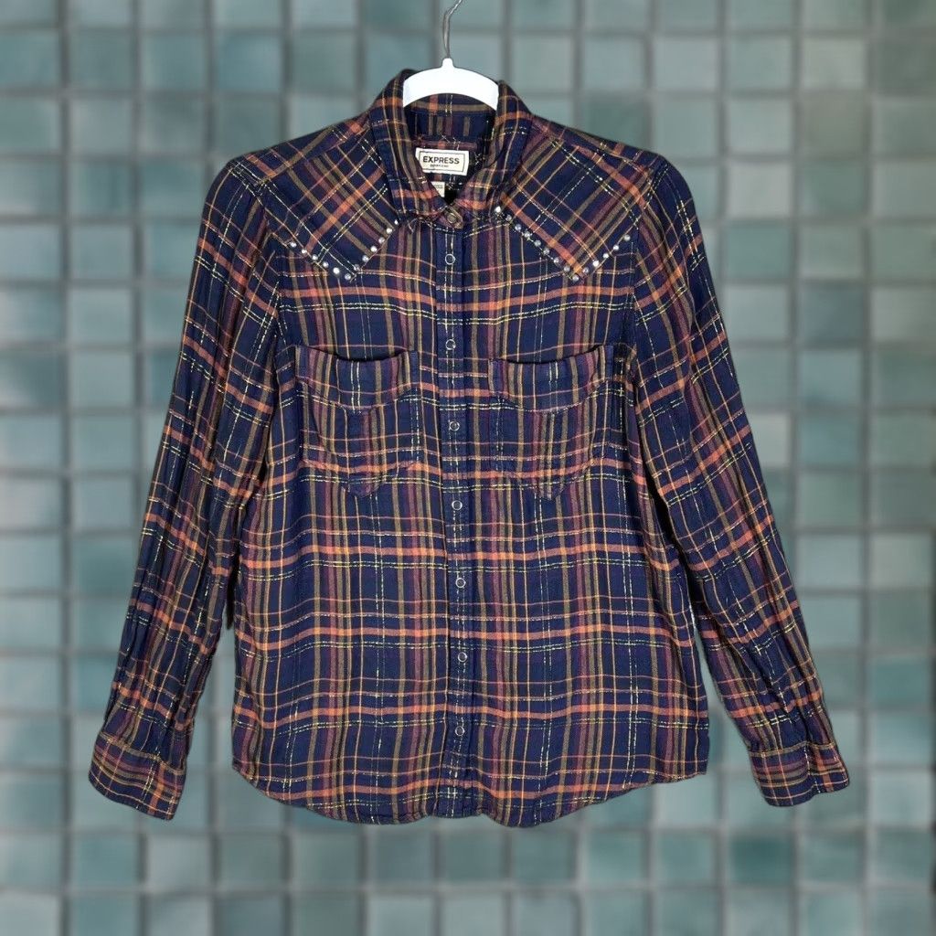 Express VINTAGE Express Boyfriend Shirt Womens Size Small Plaid Metallic  Long Sleeve Snap Front | Grailed, image size:1024x1024