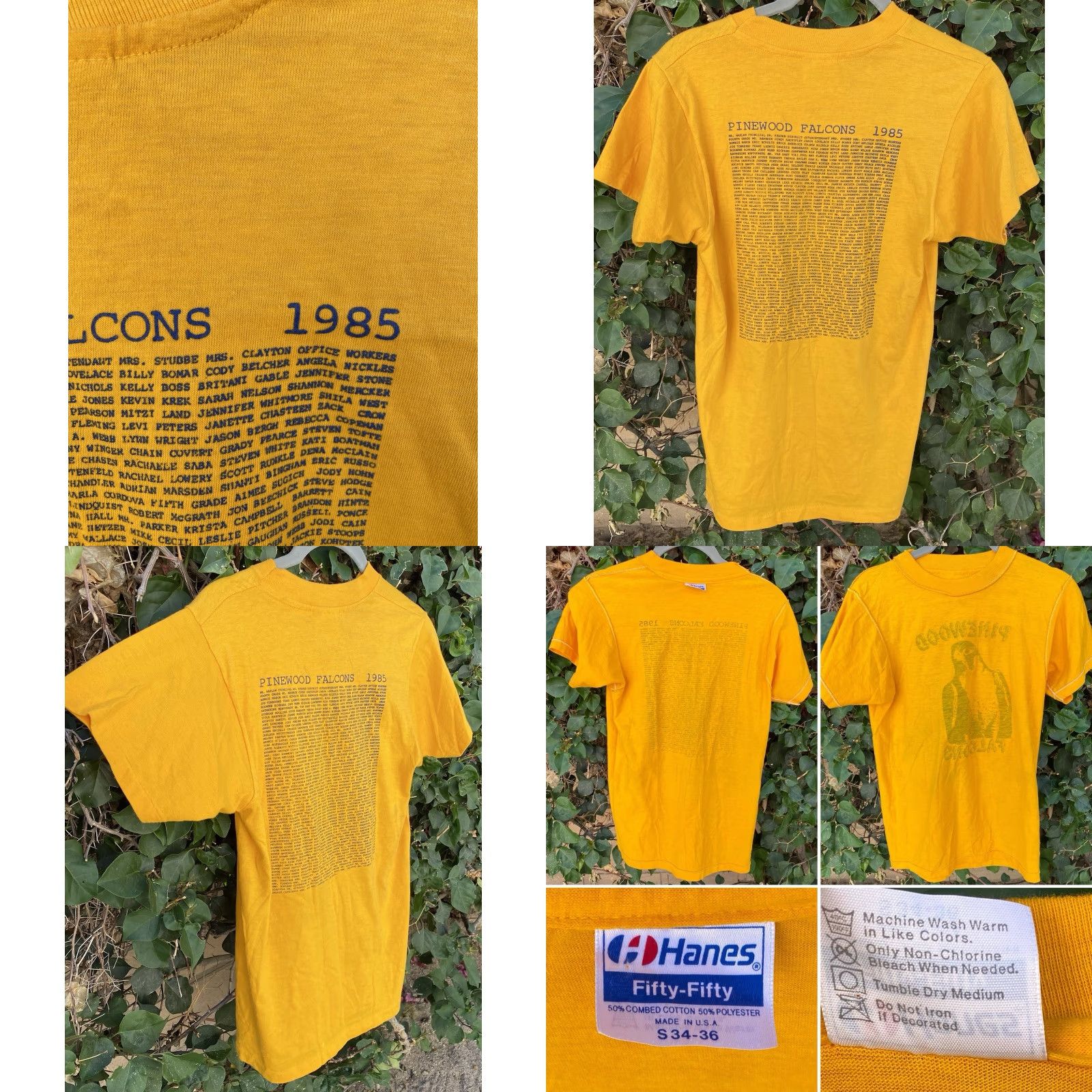 Hanes VINTAGE Hanes T-Shirt 1980s Pinewood Falcons 80s Graphic Print Short Sleeve Yellow Size S Mens Size US S / EU 44-46 / 1 - 9 Thumbnail