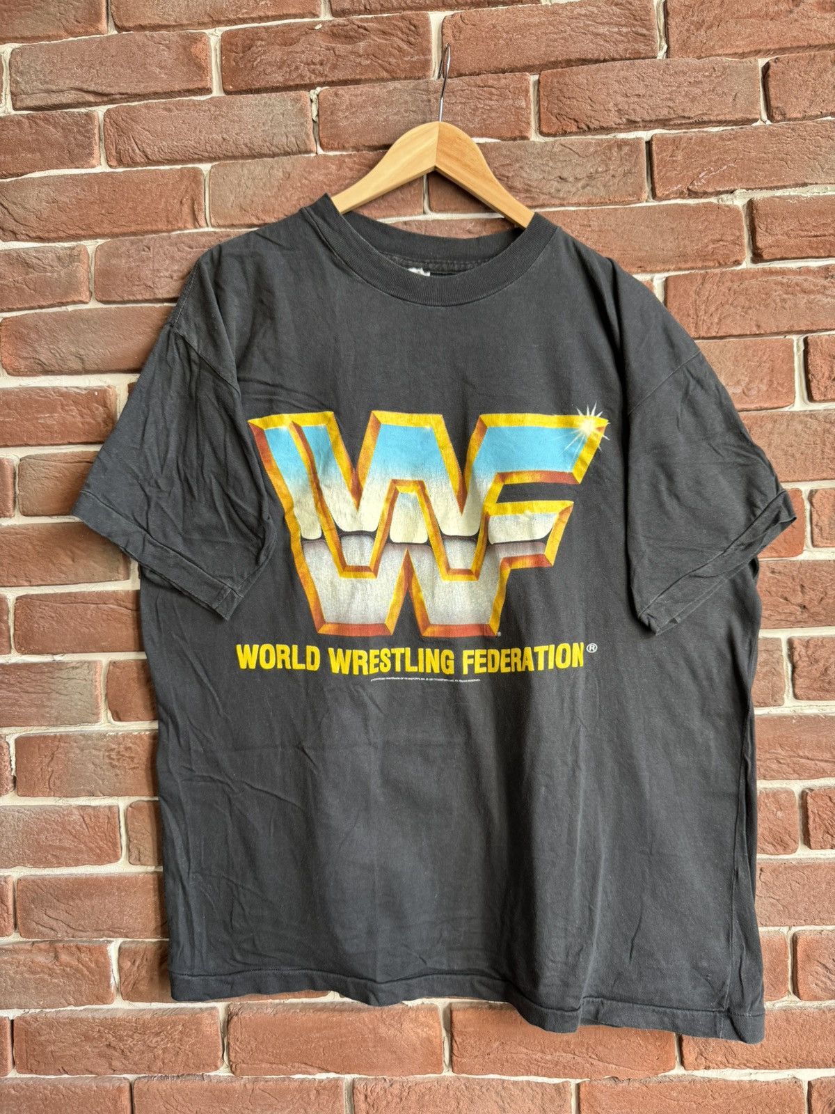 WWE Vintage 90s 1991 WWF LOGO Wrestling Grail WWE Black L Size US XL / EU 56 / 4 - 1 Thumbnail