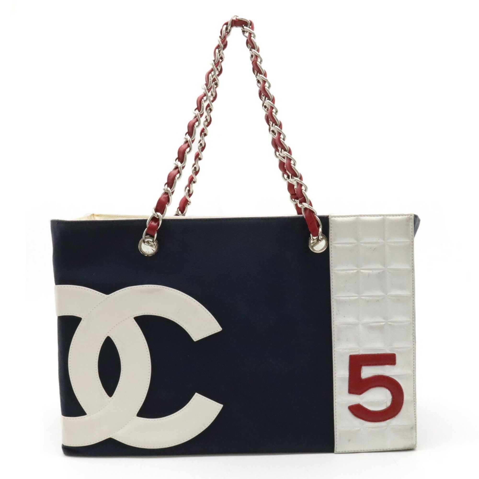 image of Chanel Coco Mark No.5 Tote Bag Shoulder Chain Canvas Leather Navy Red Silver A18644, Women's