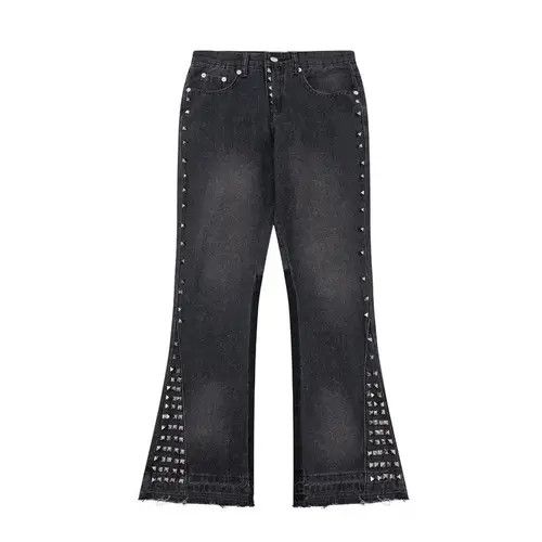 image of Vintage Baggy Y2K Patchwork Side Rivets Flared Jeans Trousers in Dark Grey, Men's (Size 32)