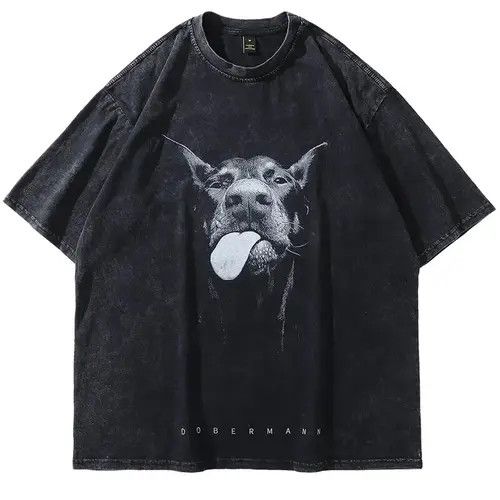 Hip Hop Oversized Washed Black T-Shirt Streetwear Doberman