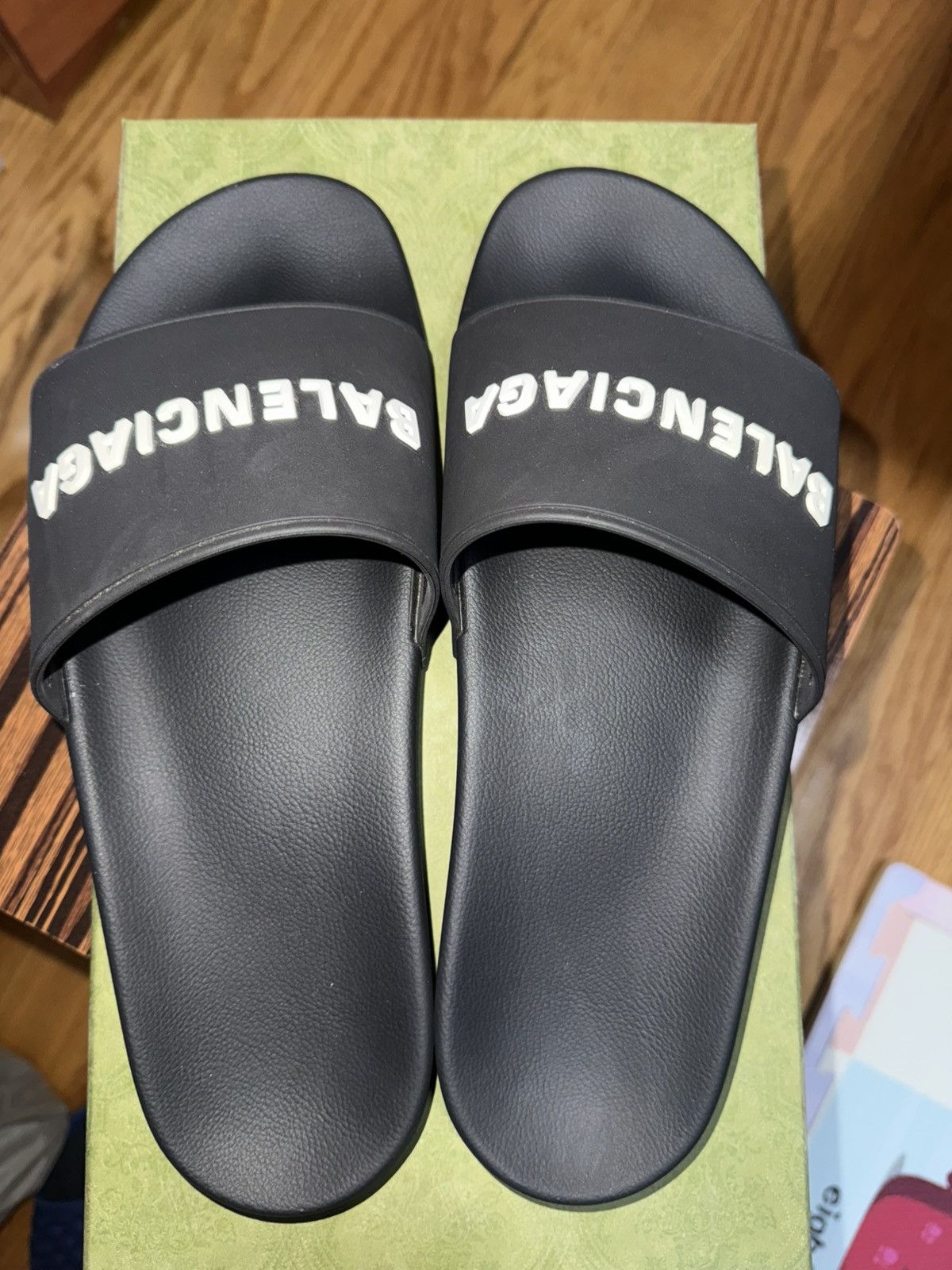 Balenciaga MEN'S POOL SLIDE SANDAL IN BLACK/WHITE Size US 11 / EU 44 - 2 Thumbnail