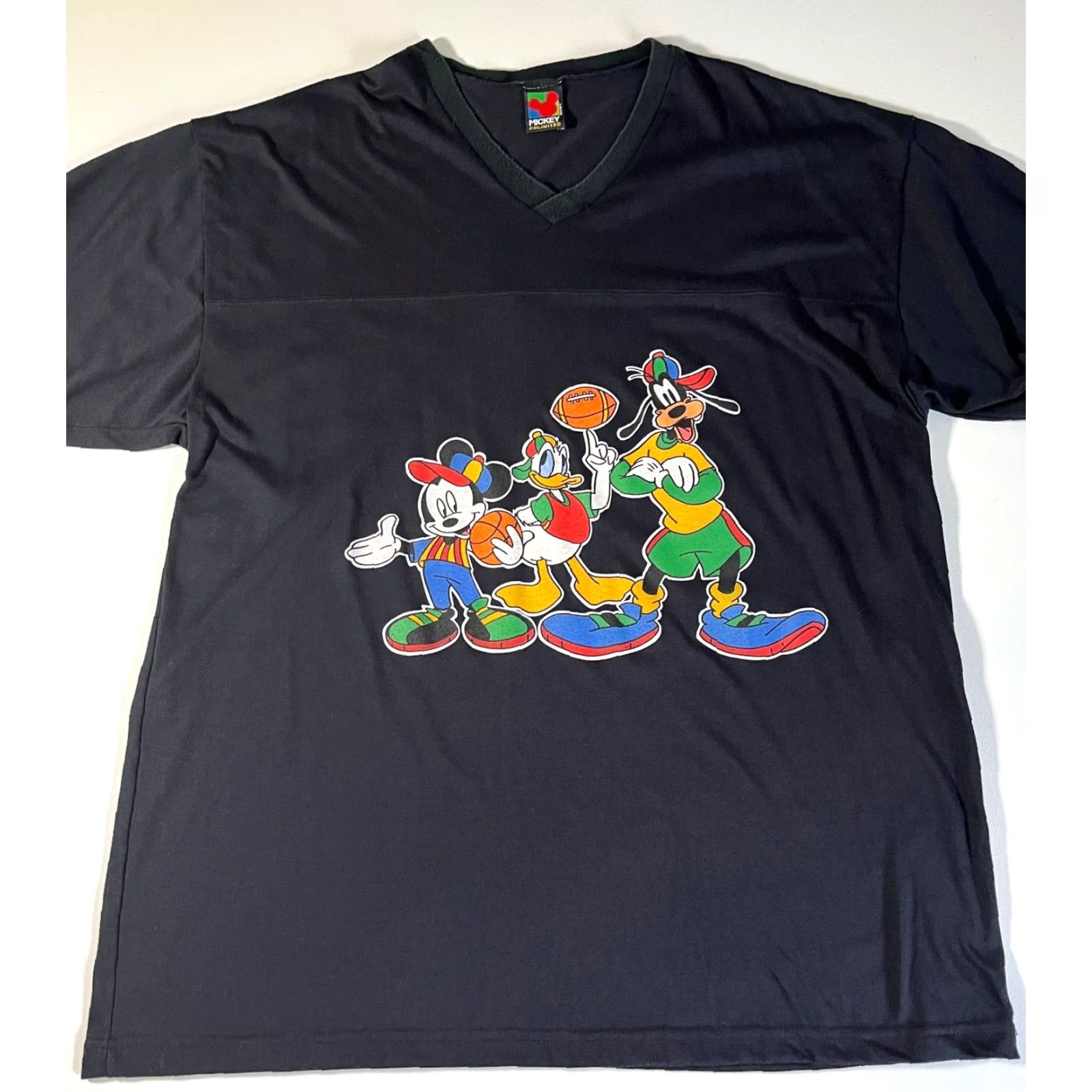 Mickey Unlimited VINTAGE Mickey Unlimited Unisex Adult 2XL V-Neck T-Shirt Black 90s Disney Cartoon Graphic Print Sammy Goofy Minnie Donald Duck Theme Mens Womens Size US XXL / EU 58 / 5 - 3 Thumbnail
