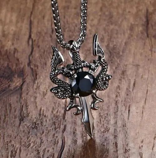 Jewelry Double Dragon Sword Pendant Necklace Size ONE SIZE - 3 Thumbnail