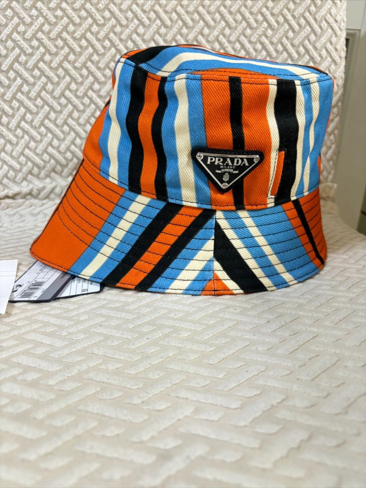Prada Triangle Logo Striped Bucket Hat Size ONE SIZE - 6 Thumbnail