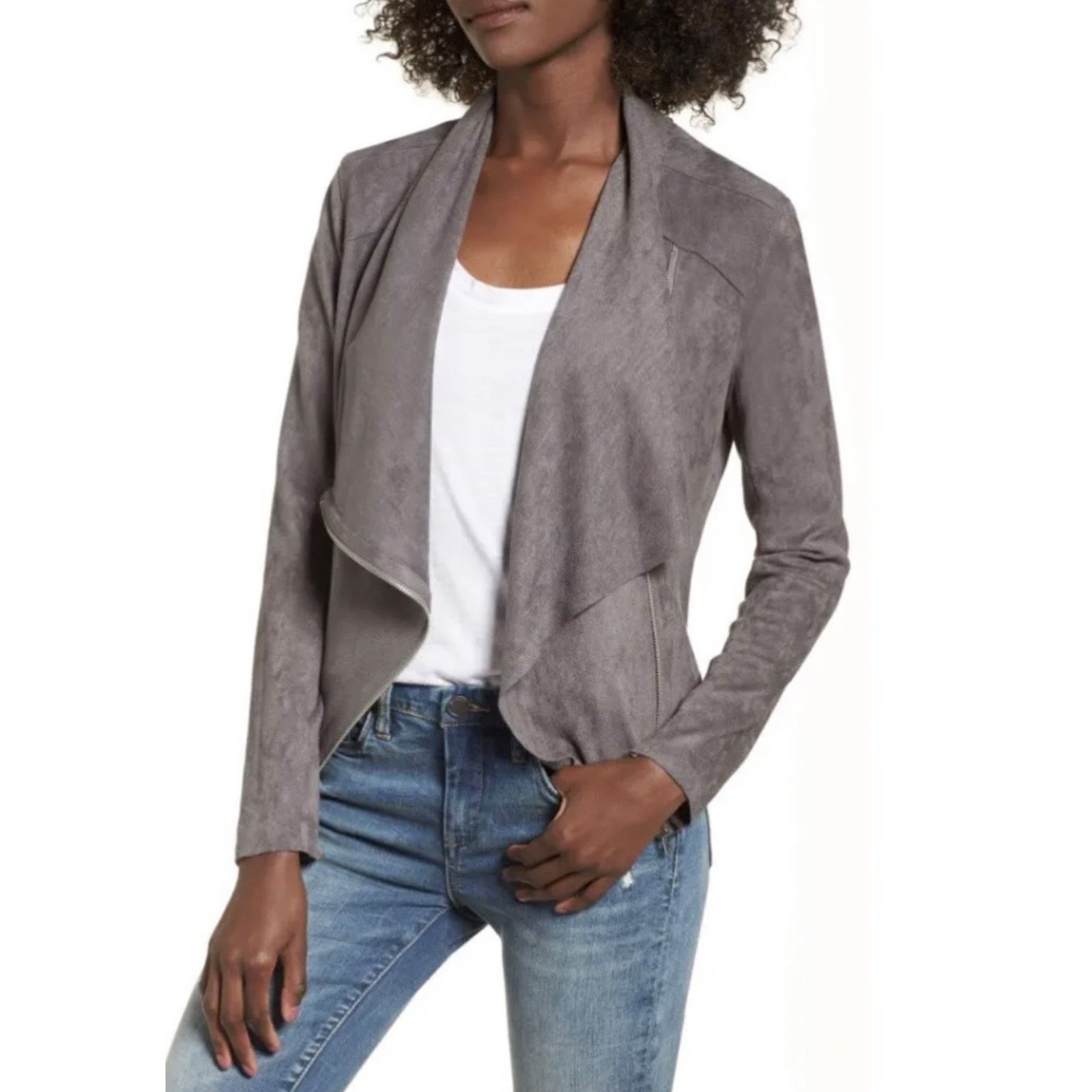 BLANKNYC BLANKNYC Drape Front Suede Asymmetrical Zip Jacket in Grey Size XS / US 0-2 / IT 36-38 - 1 Thumbnail