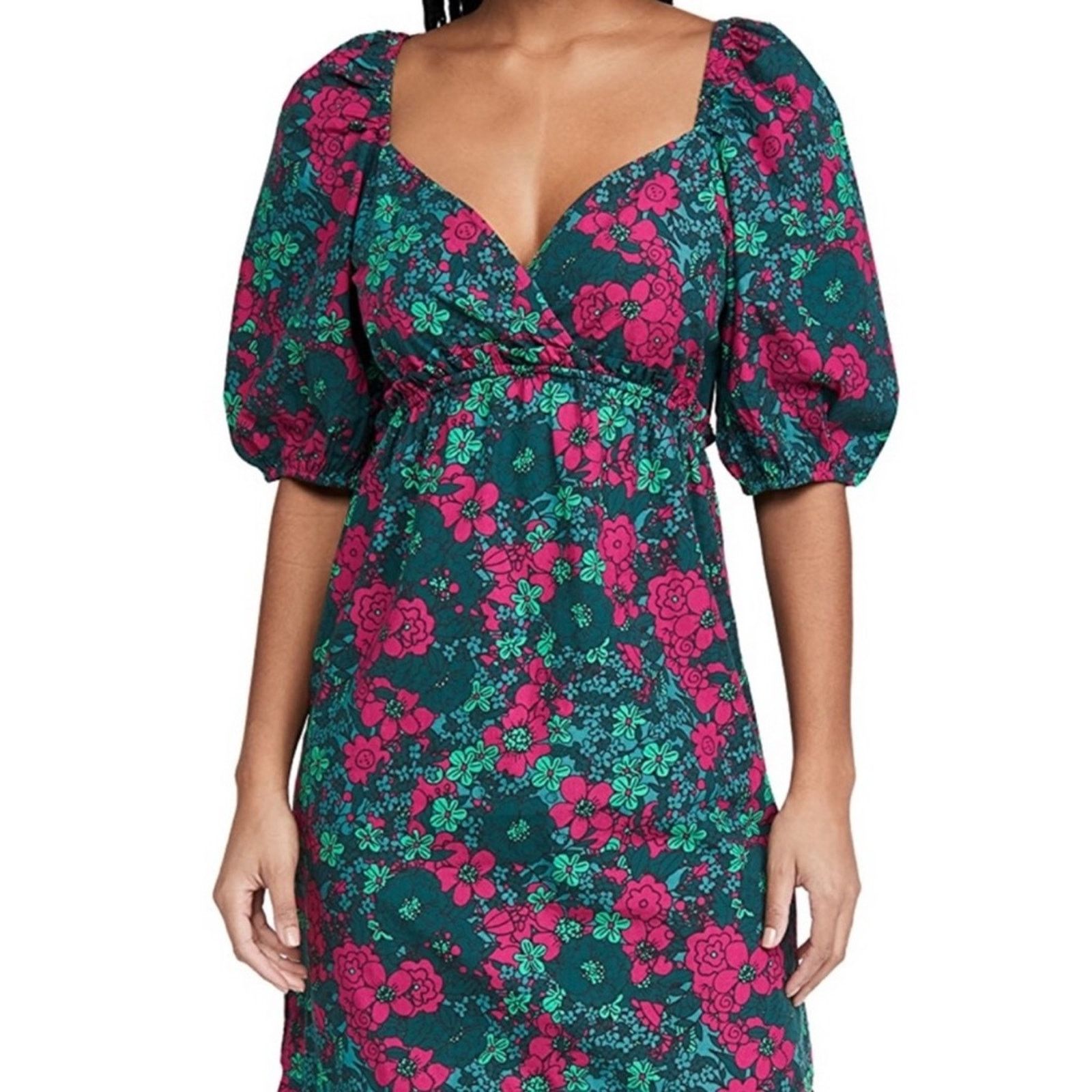 Other Rahi Floral Fuchsia Teal Puff Sleeve Midi Ruffle Dress Sz XS Size XS / US 0-2 / IT 36-38 - 2 Thumbnail