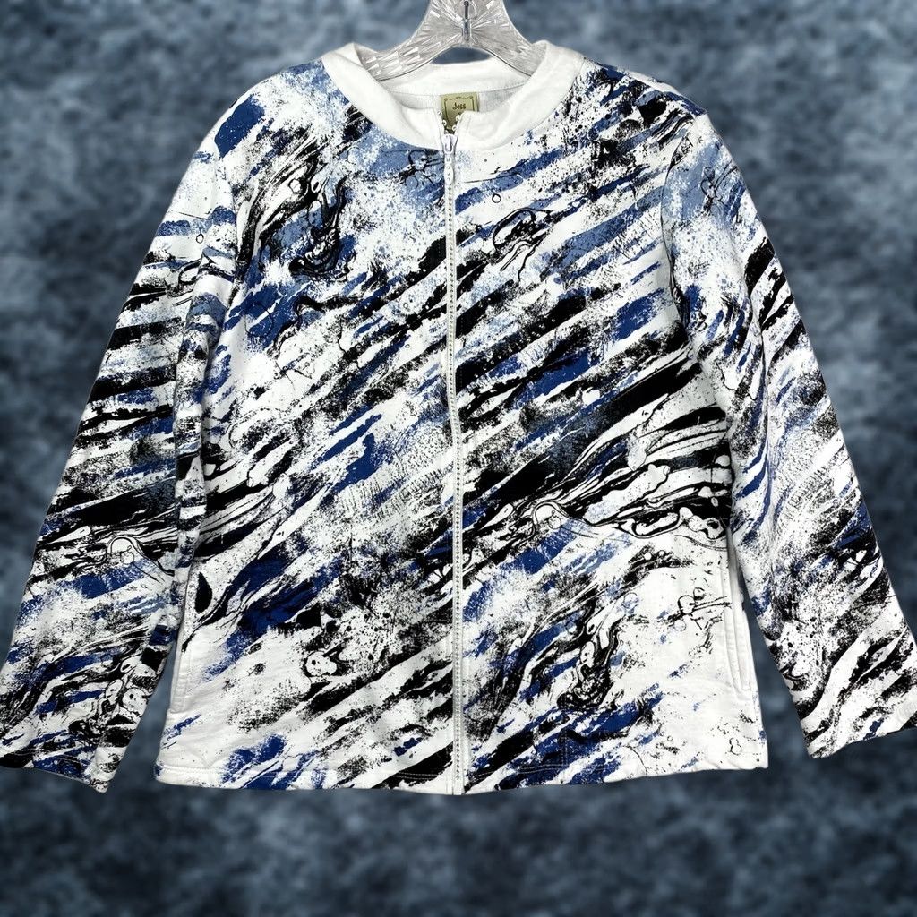 Vintage Jess & Jane Sweatshirt Womens M Black White Blue Splatter Rhinestones Full Zip Size M / US 6-8 / IT 42-44 - 1 Thumbnail