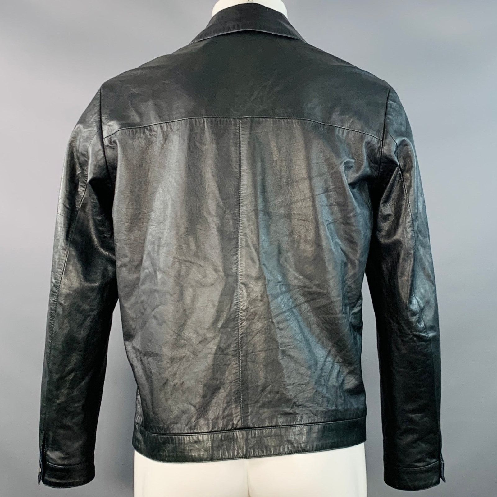 Isaia Black Blue White Reversible Zip Up Lambskin Leather Jacket Size US M / EU 48-50 / 2 - 4 Thumbnail