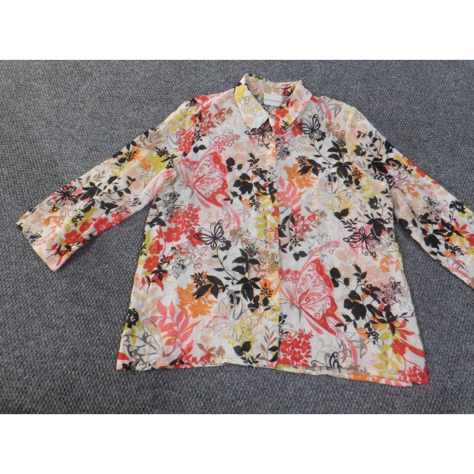 Vintage Alfred Dunner Button-Up Top XL Red Floral Sheer Butterfly Womens Long Sleeve Casual Pullover Round Neck Size XL / US 12-14 / IT 48-50 - 3 Thumbnail