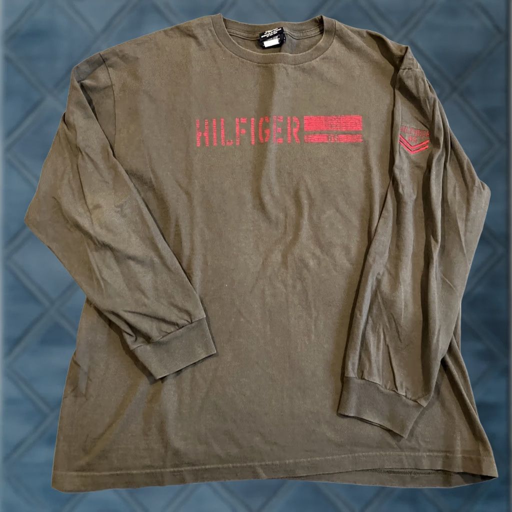 Tommy Hilfiger VINTAGE Tommy Hilfiger Logo Spell Out Long Sleeve T Shirt XL Men Olive Green Crew Neck Size US XL / EU 56 / 4 - 1 Thumbnail