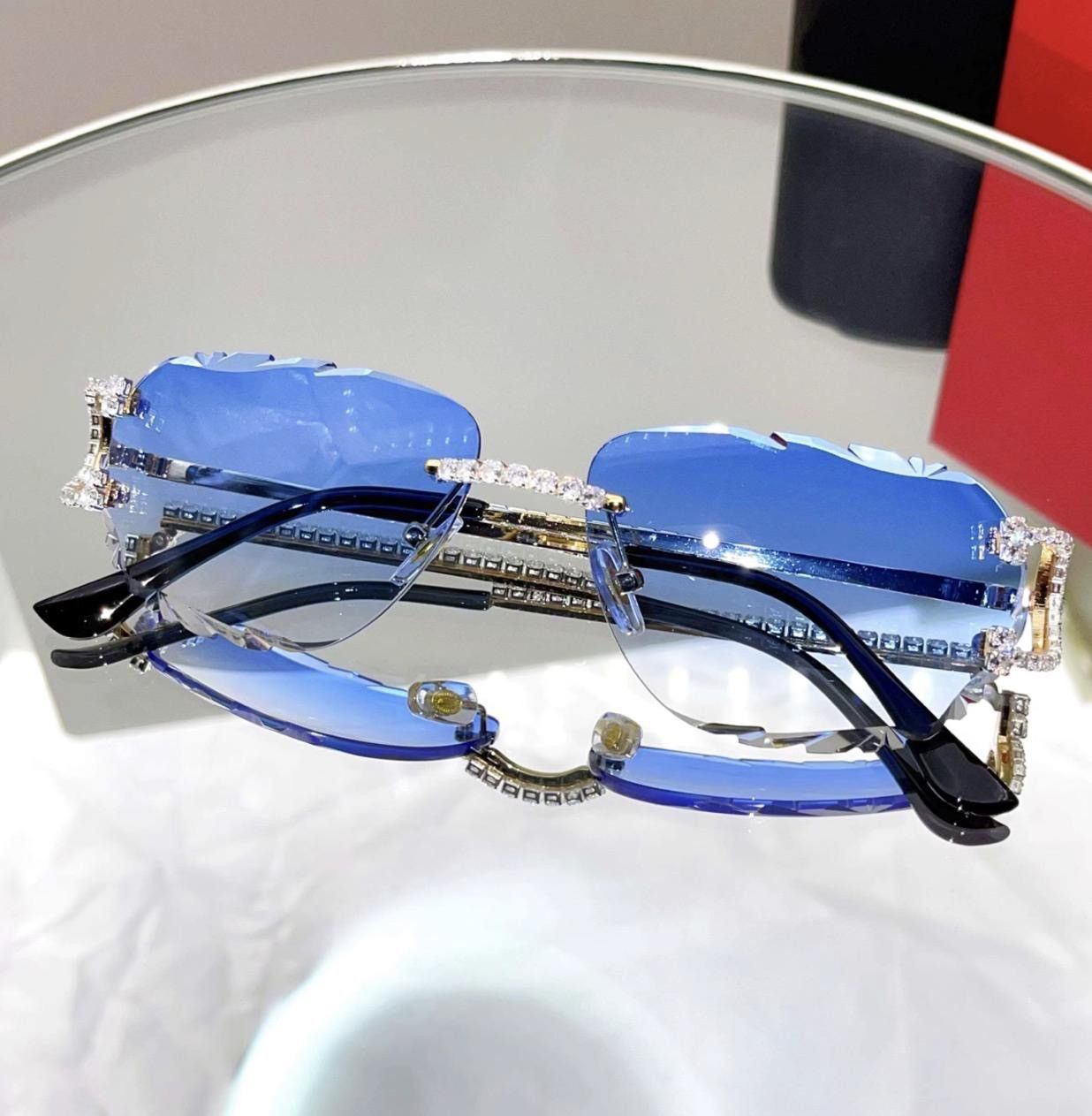 Other Luxury Rimless Round Cut Sunglasses Blue Lens Gold Frame Size ONE SIZE - 2 Thumbnail