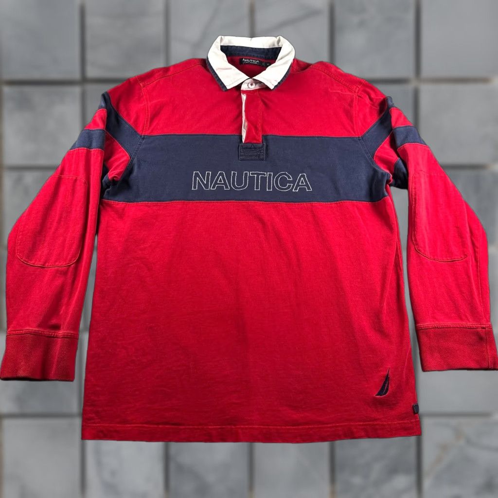 VINTAGE Nautica Rugby Shirt Mens XL Red Navy Embroidered Elbow Patches Cotton Striped Button Collared Shirt