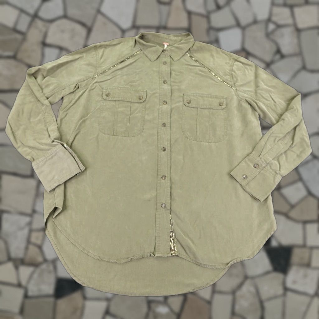 Free People VINTAGE Free People Button-Up Shirt Womens Small Green Long Sleeve Collared Casual Top Size S / US 4 / IT 40 - 1 Thumbnail