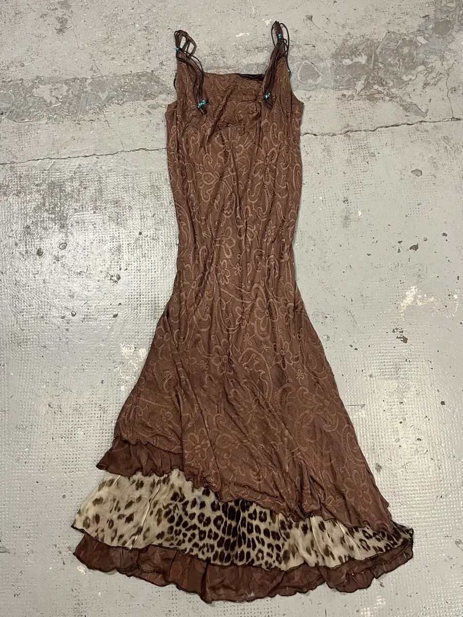 Roberto Cavalli 2000s Roberto Cavalli Class Brown Flowers & Leopard Dress Size M / US 6-8 / IT 42-44 - 3 Thumbnail