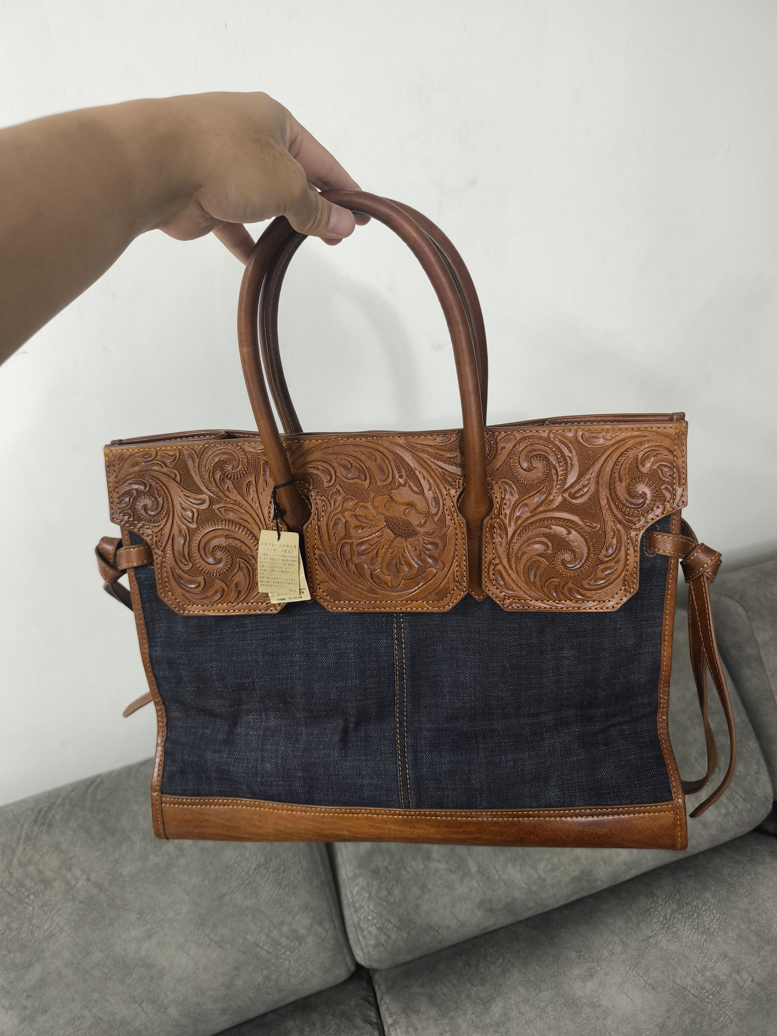 Japanese Brand Goa Carved Denim Bag Inspired Birkin Hermes Size ONE SIZE - 9 Thumbnail
