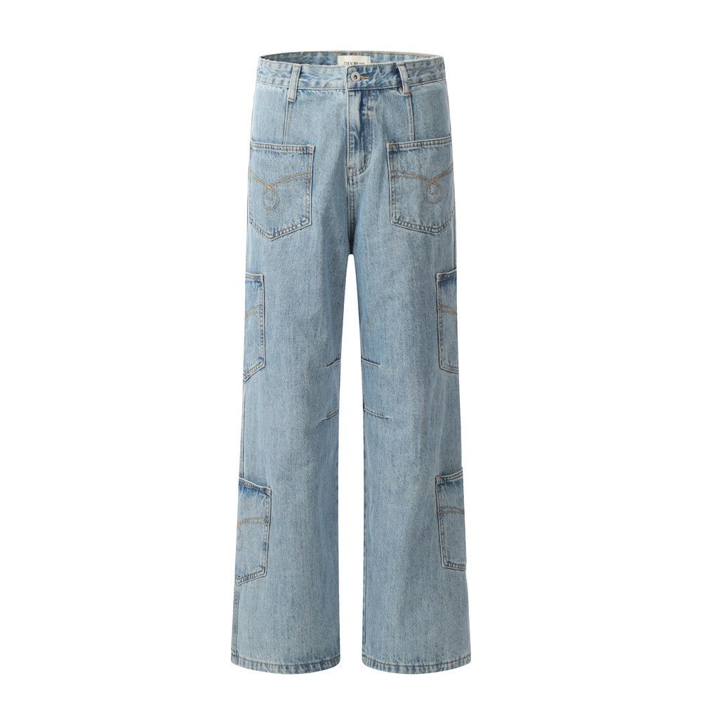 Men's street washed embroidered multi-pocket work jeans