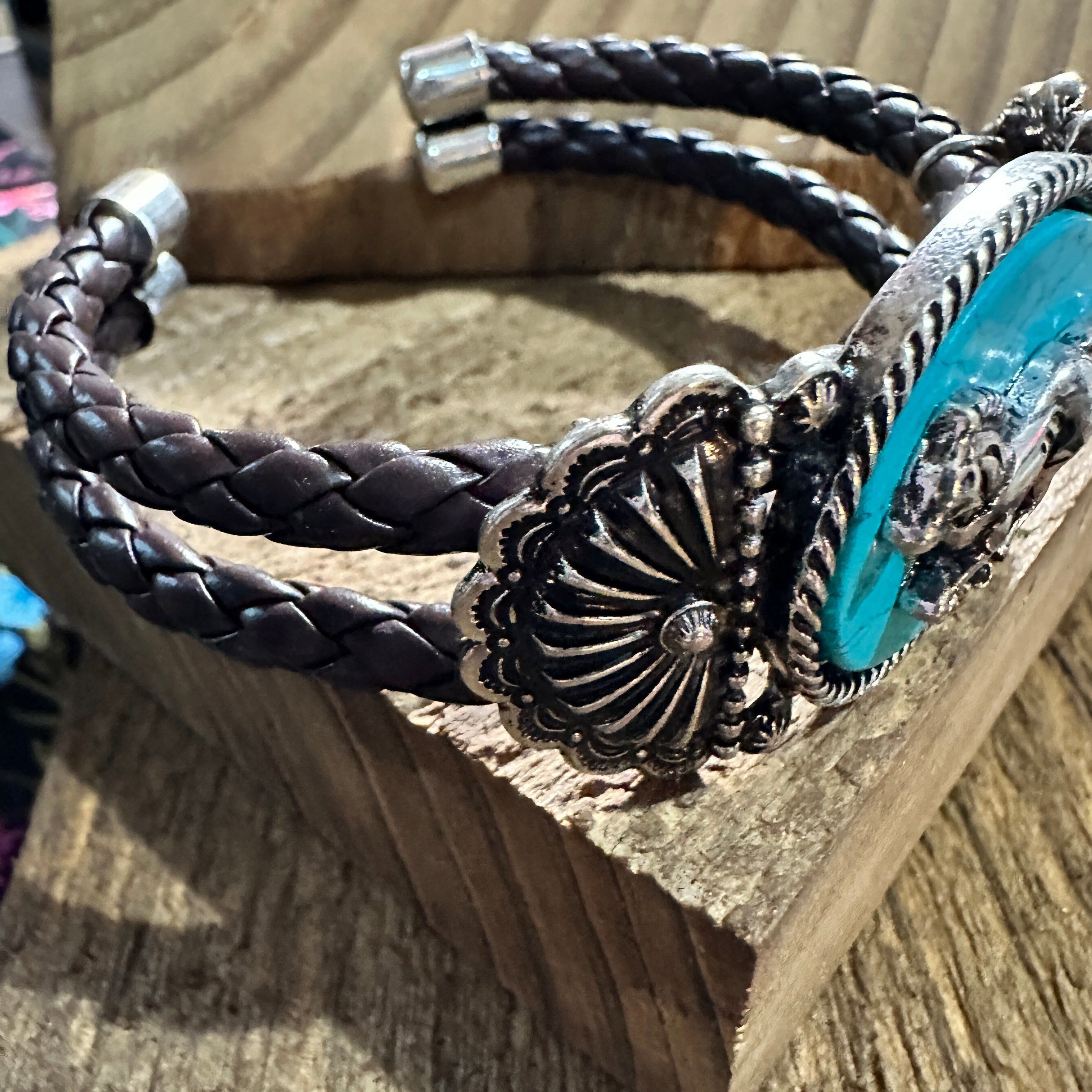 Other Horse Turquoise Stone Western Leather Open Bangle Bracelet Size ONE SIZE - 2 Thumbnail