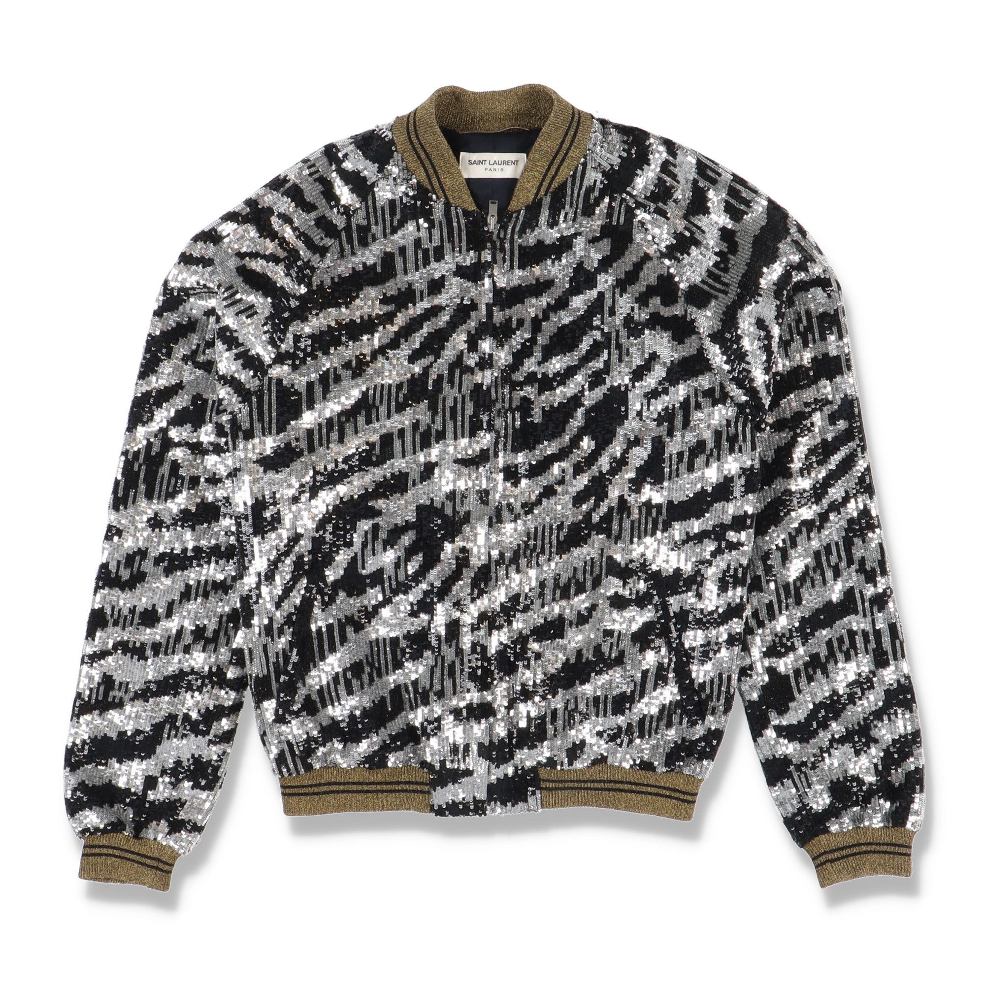 image of Saint Laurent Paris Black And Silver Zebra Sequined Raglan Bomber Jacket, Women's (Size Small)