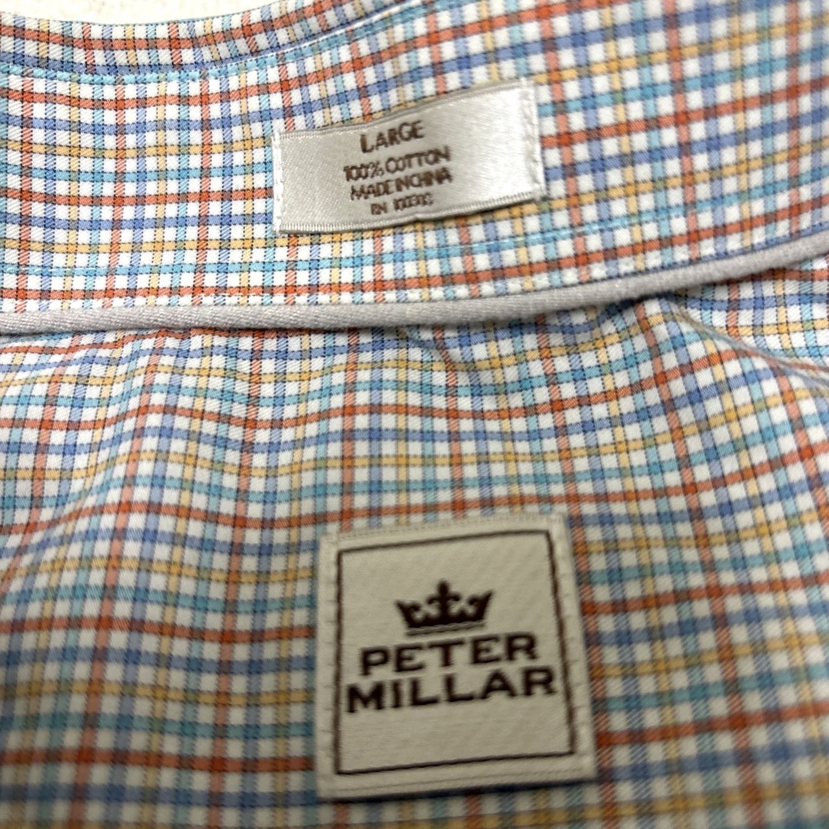 Peter Millar Peter Millar Mens L Red Blue Plaid Cotton Button-Down Short Sleeve Shirt Size US 33 - 3 Thumbnail