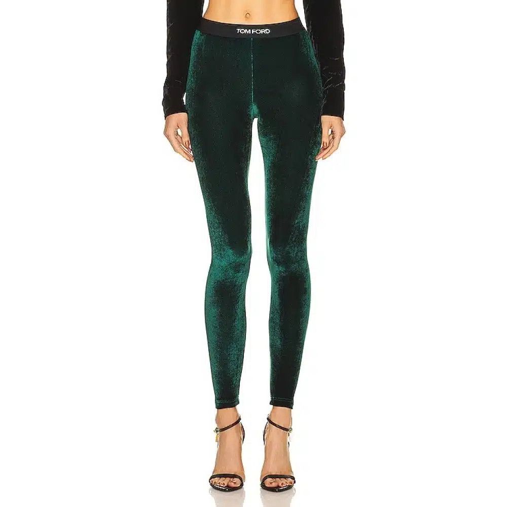 Tom Ford o1loc1c0525 PAJ121 Velour Signature Leggings in Green Size 26" / US 2 / IT 38 - 2 Thumbnail