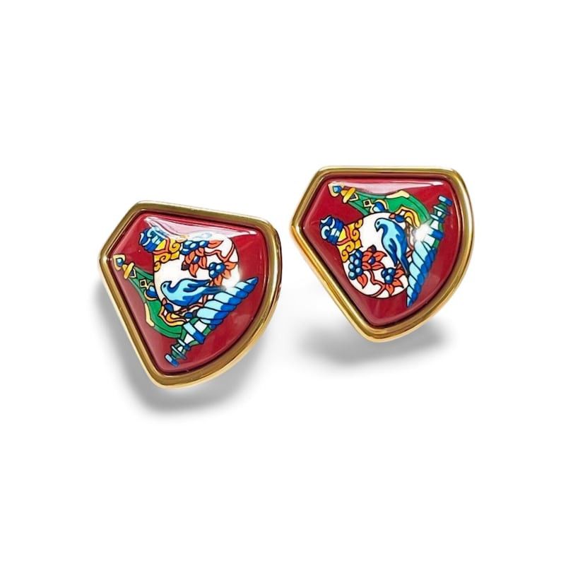 image of Hermes Vintage Cloisonne Golden Earrings With Colorful White, Blue, Green, Orange Perfume Bottle De