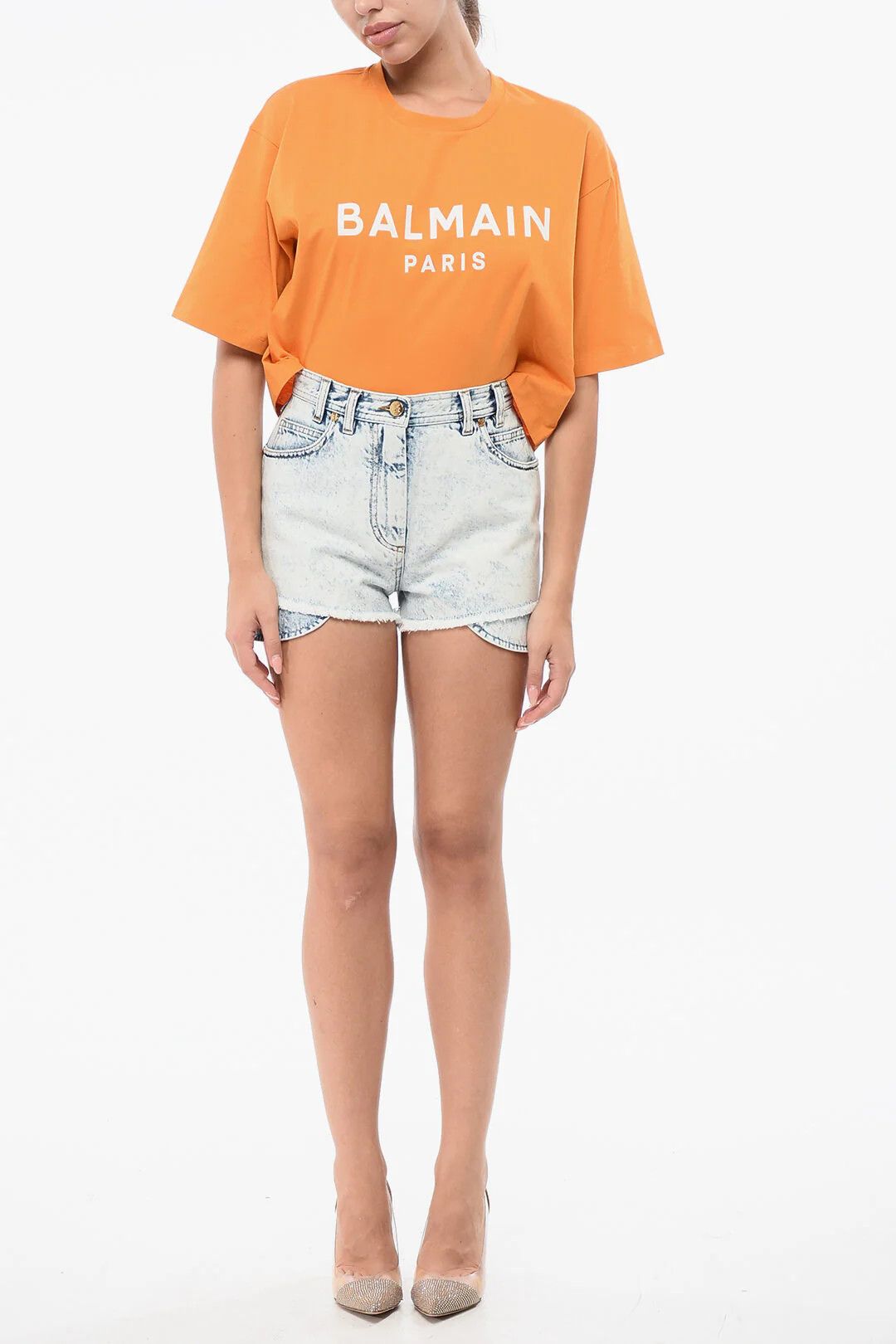 Balmain og1mm0326 High-Waist Light-Wash Denim Short in Light Blue Size 40" / US 18 - 4 Thumbnail