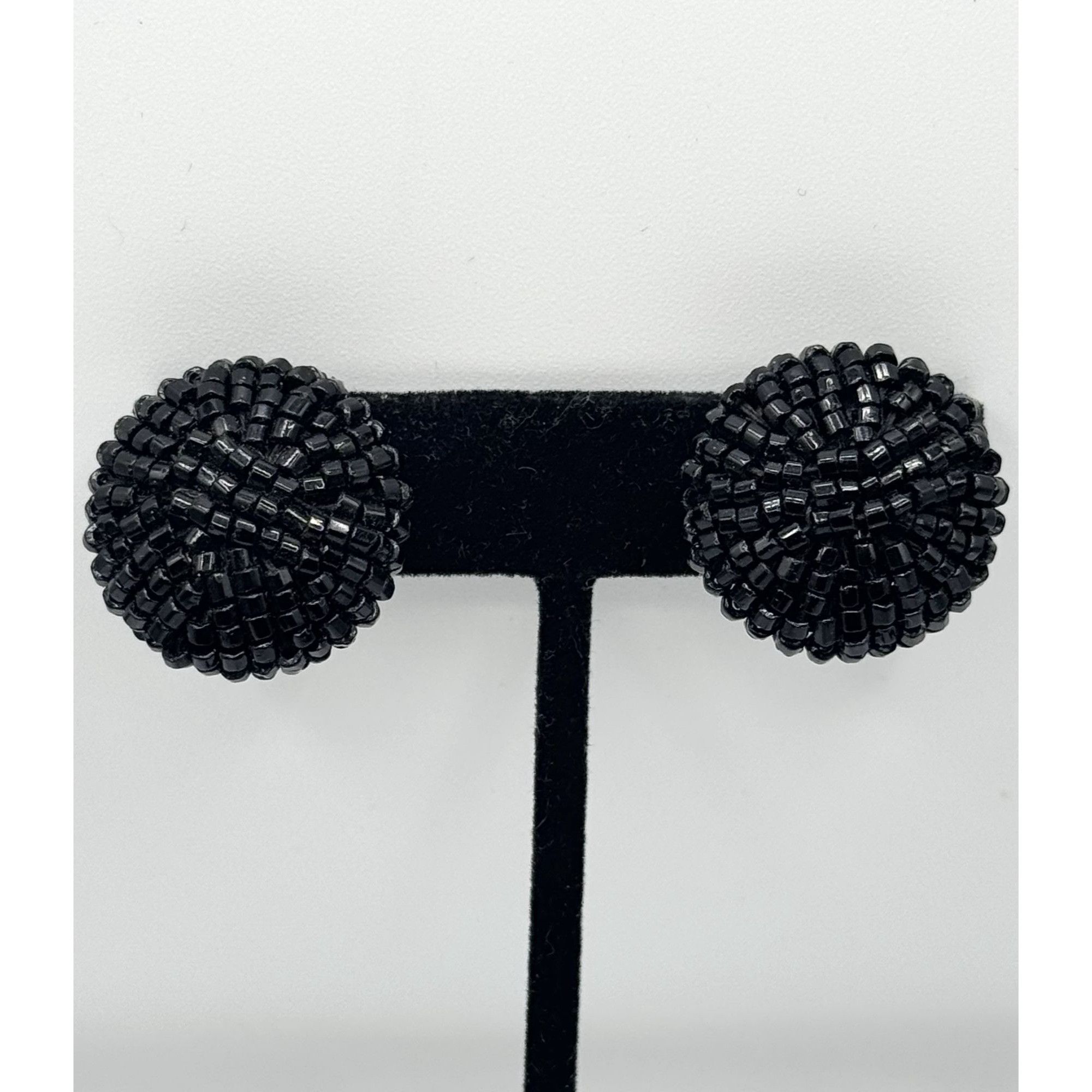 Vintage Vintage Black Glass Seed Bead Domed Clip On Beaded Earrings Size ONE SIZE - 1 Thumbnail