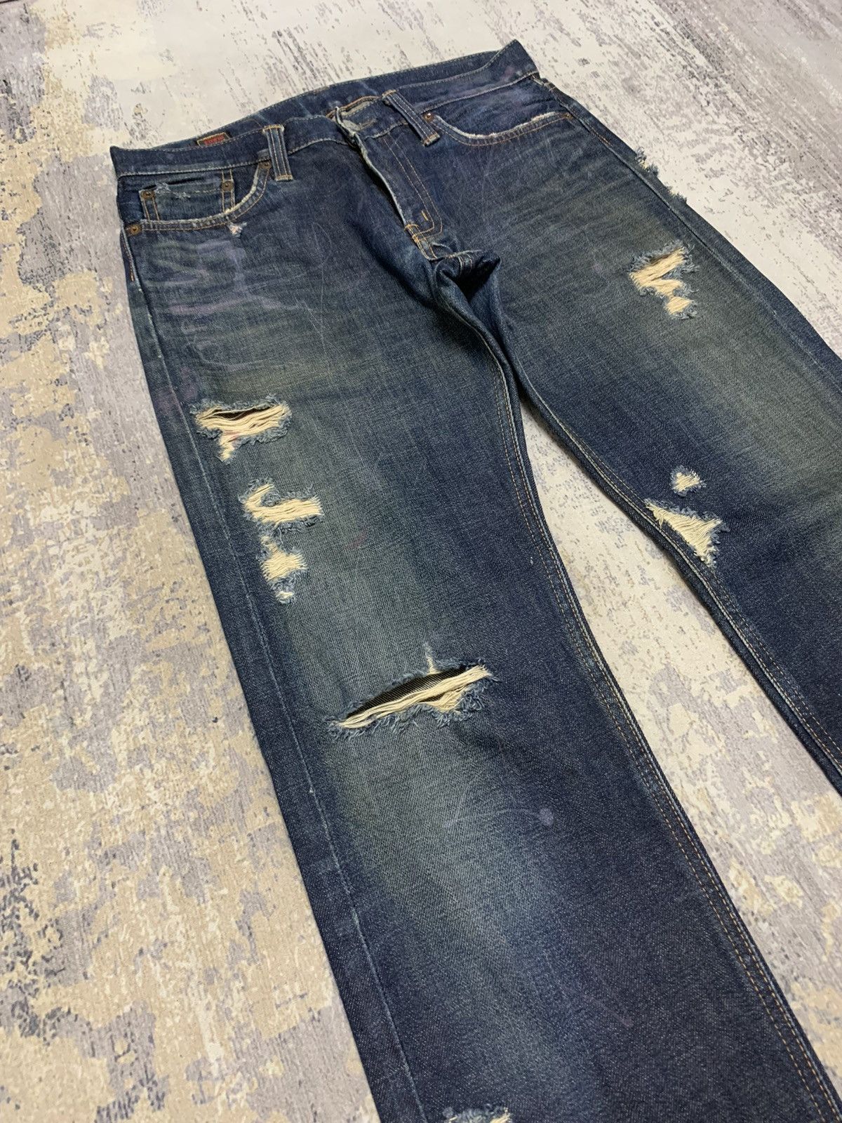 Japanese Brand Edwin 505 Lowrize Selvedge Distressed Denim Jeans W30x32.5 Size US 30 / EU 46 - 2 Thumbnail