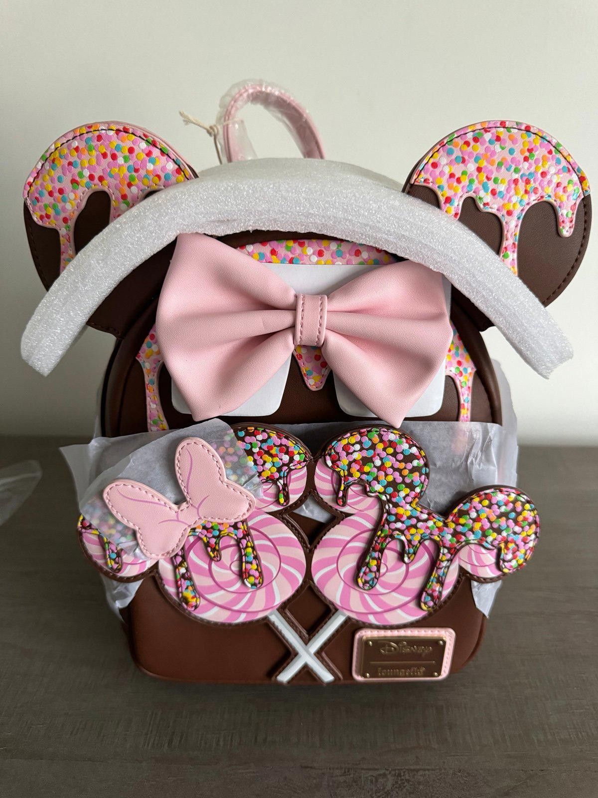 Loungefly Disney Minnie Mouse Chocolate Lollipop Ears Mini Backpack NWT In Hand Loungefly Disney Minnie Mouse Chocolate | Mercari main image 3