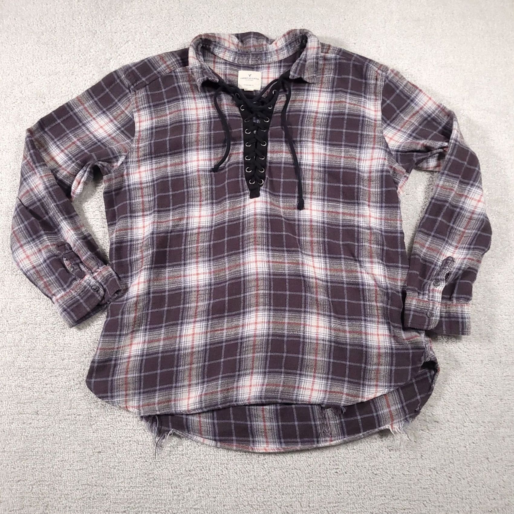 American Eagle Outfitters VINTAGE American Eagle Flannel Shirt Women’s XL Oversized Fit Distressed Lace Up Gray Size XL / US 12-14 / IT 48-50 - 2 Thumbnail