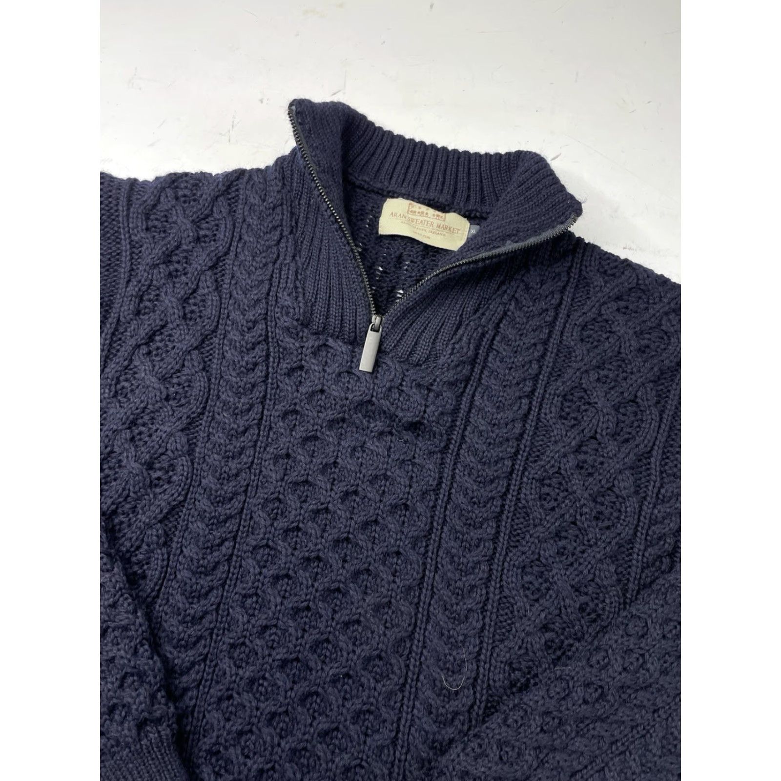 Market Aran Sweater Market Sweater Cardigan 1/4 Zip Navy XL Wool Cable Knit Mock Neck Men Size US XL / EU 56 / 4 - 3 Thumbnail