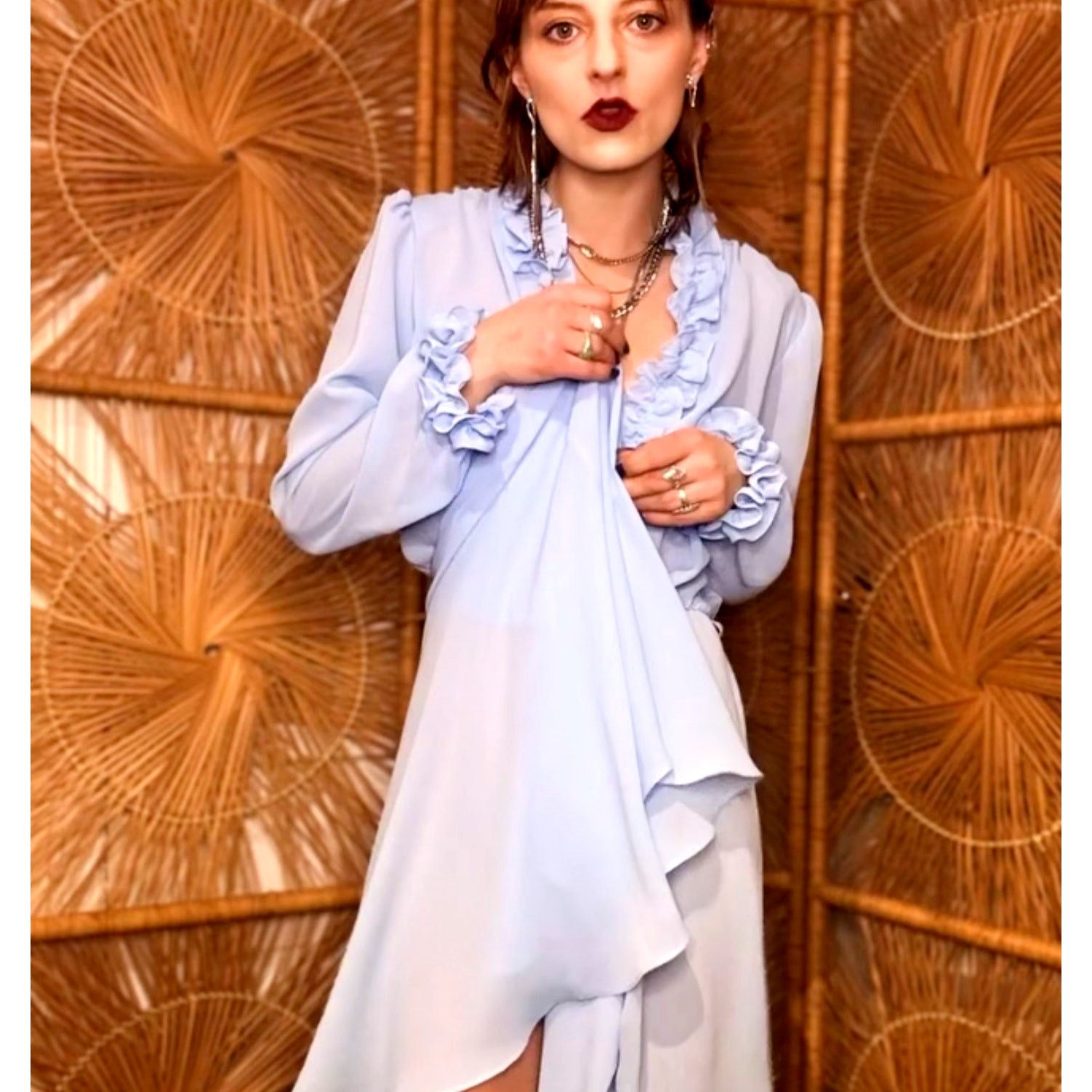 Vintage 1970s Algro Powder Blue Ruffle Chiffon Midi Dress Size XS / US 0-2 / IT 36-38 - 2 Thumbnail